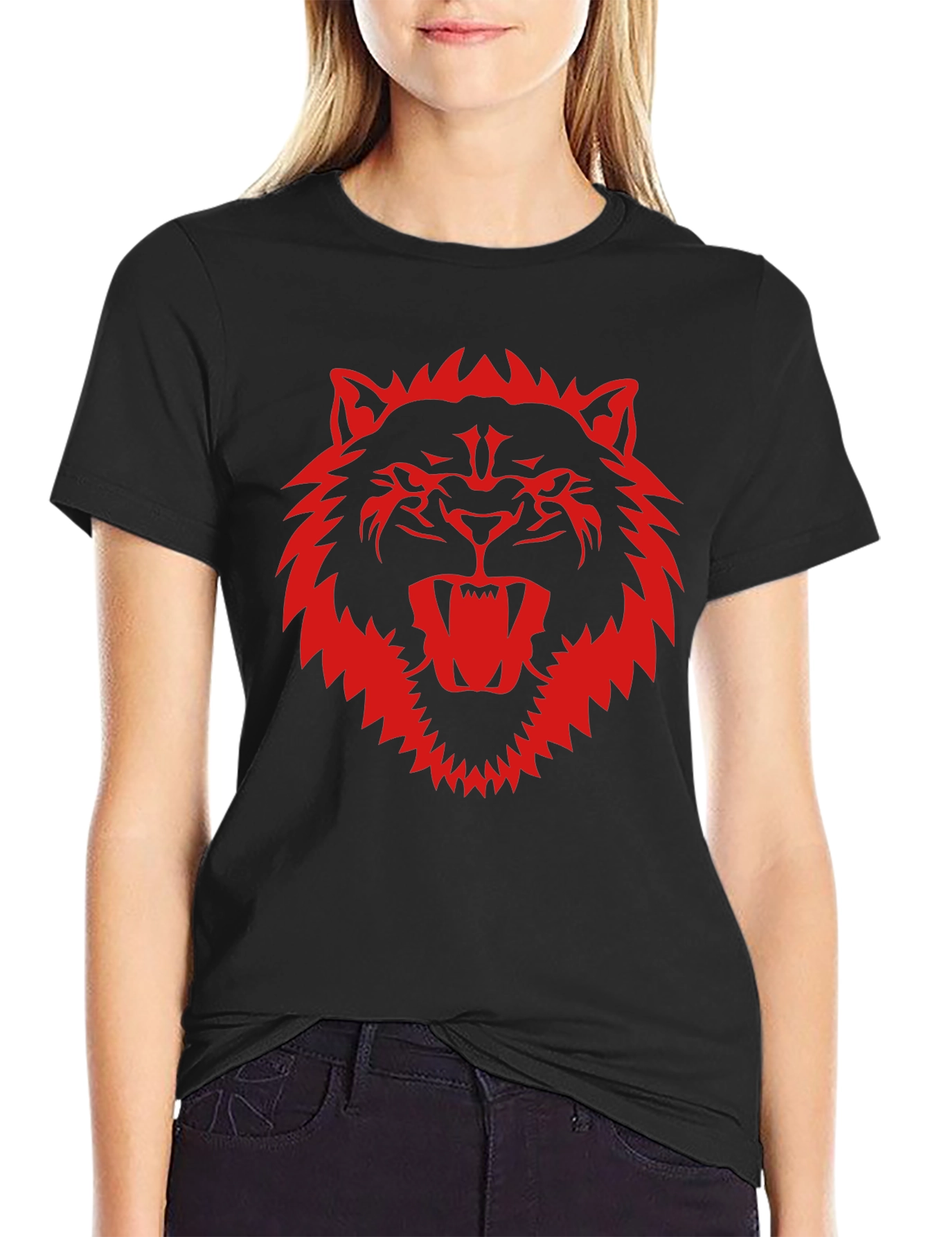 Black Black T-Shirt with Fierce Red Wolf Graphic view 2