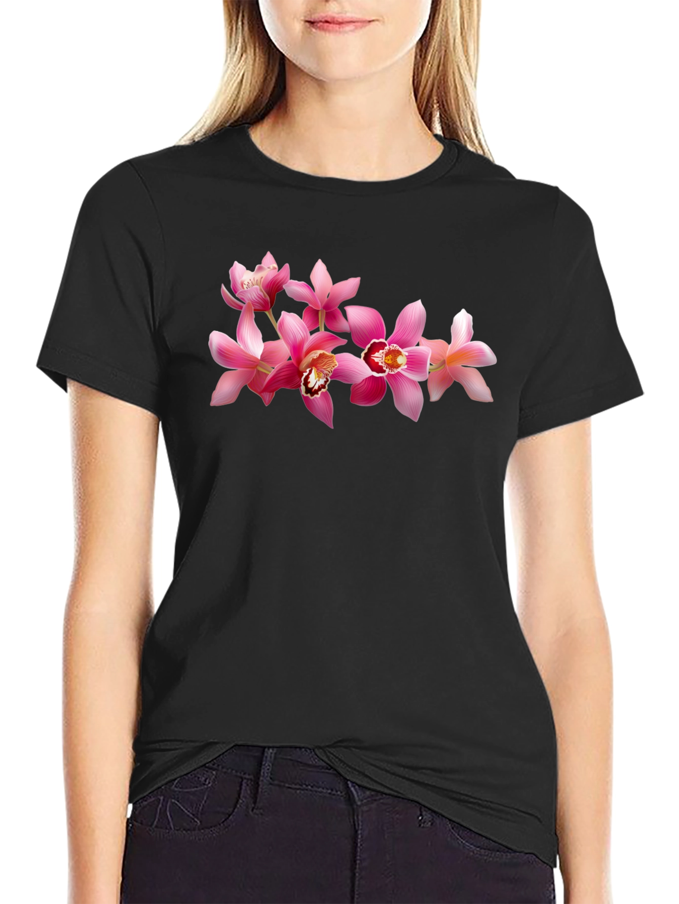 Black Floral Print Crew Neck T-Shirt view 2