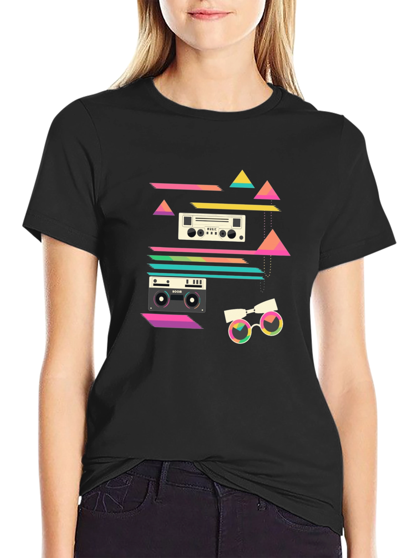 Black Retro Music Graphic T-Shirt - 80s Inspired Design view 2