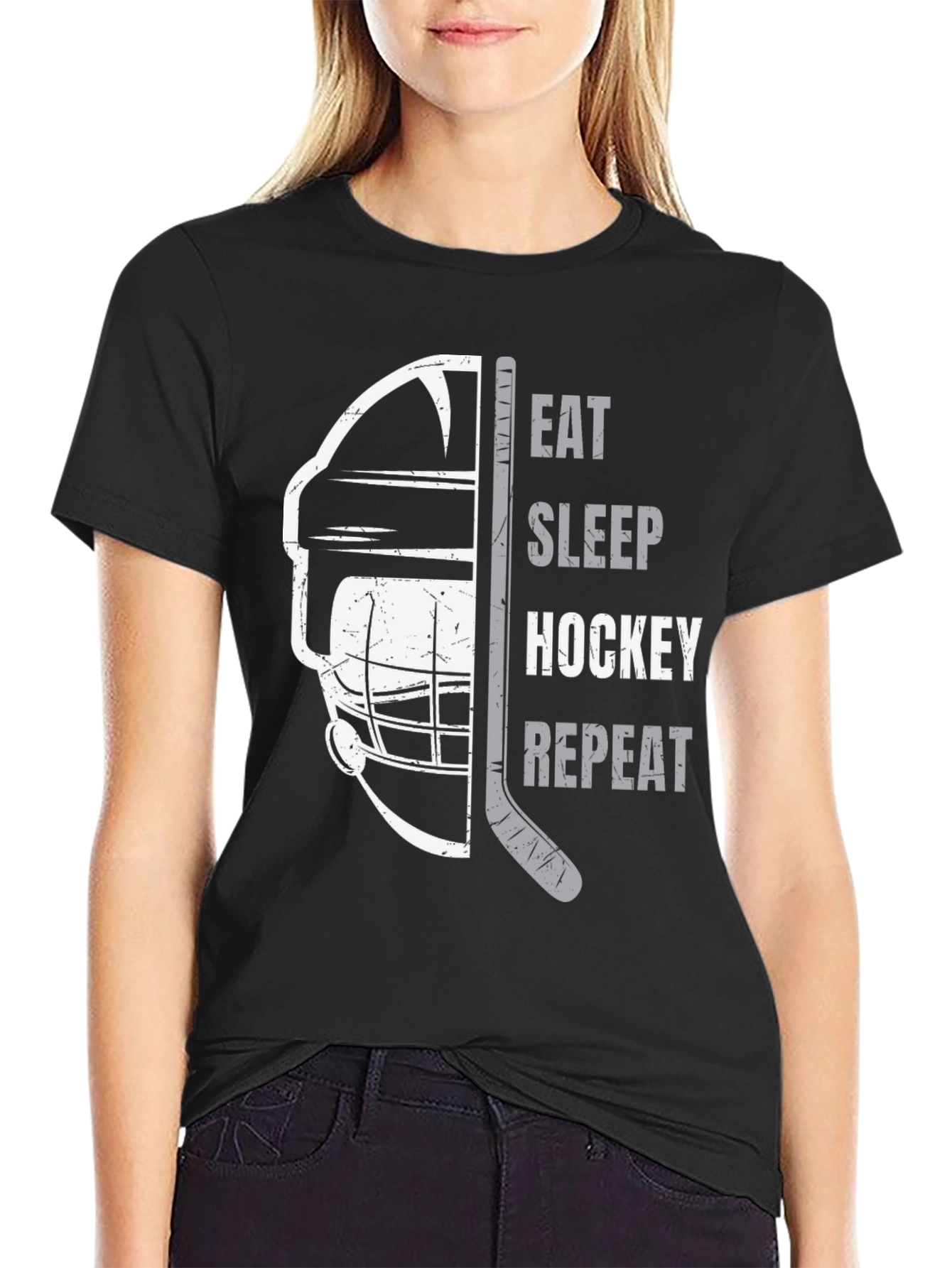 Black Eat Sleep Hockey Repeat Black Graphic Tee view 2