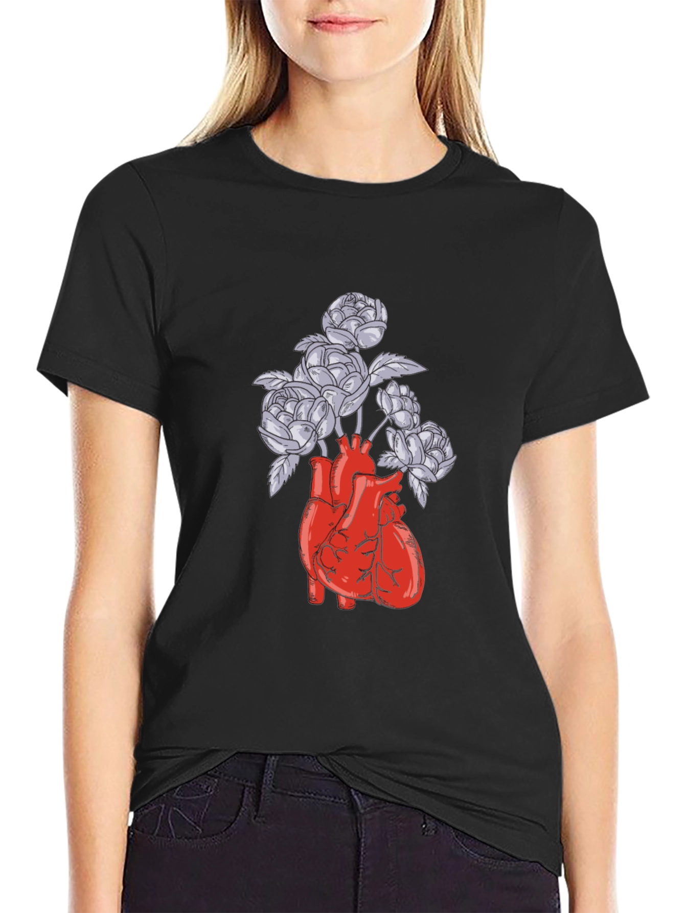 Black Anatomical Heart and Flowers Graphic T-Shirt view 2