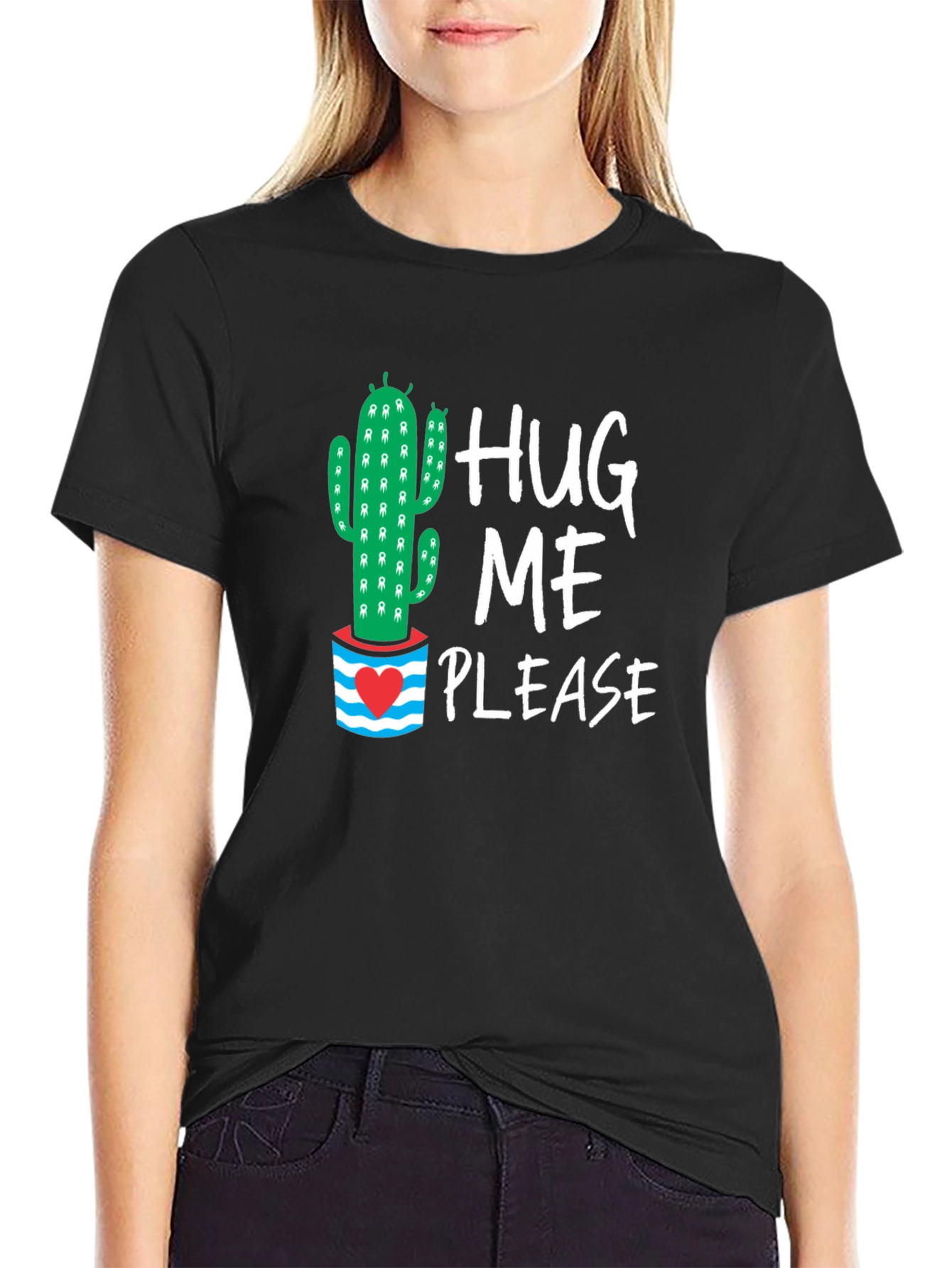 Black Hug Me Please Cactus Graphic Tee view 2