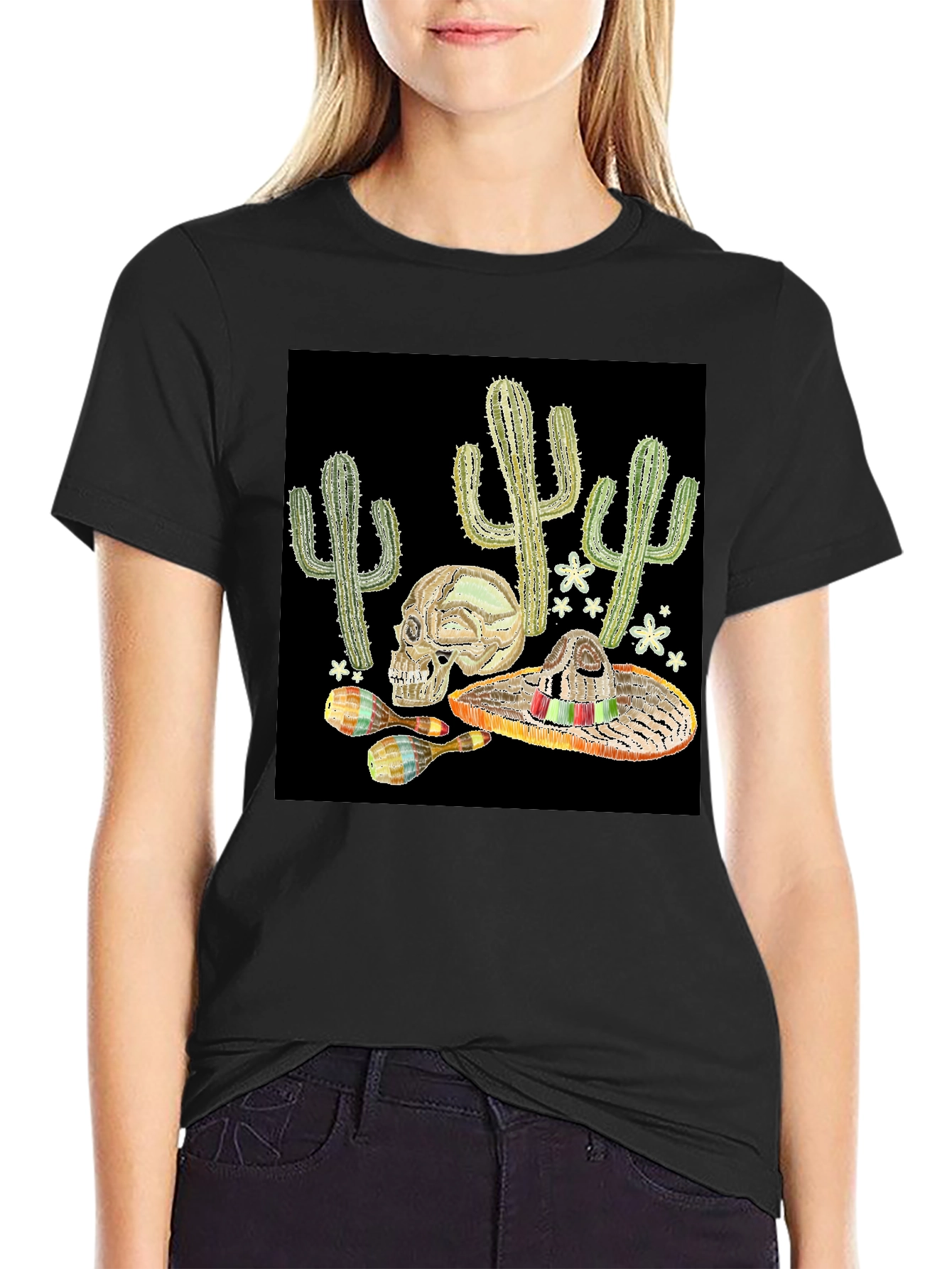 Black Cactus Skull Sombrero Graphic Tee view 2