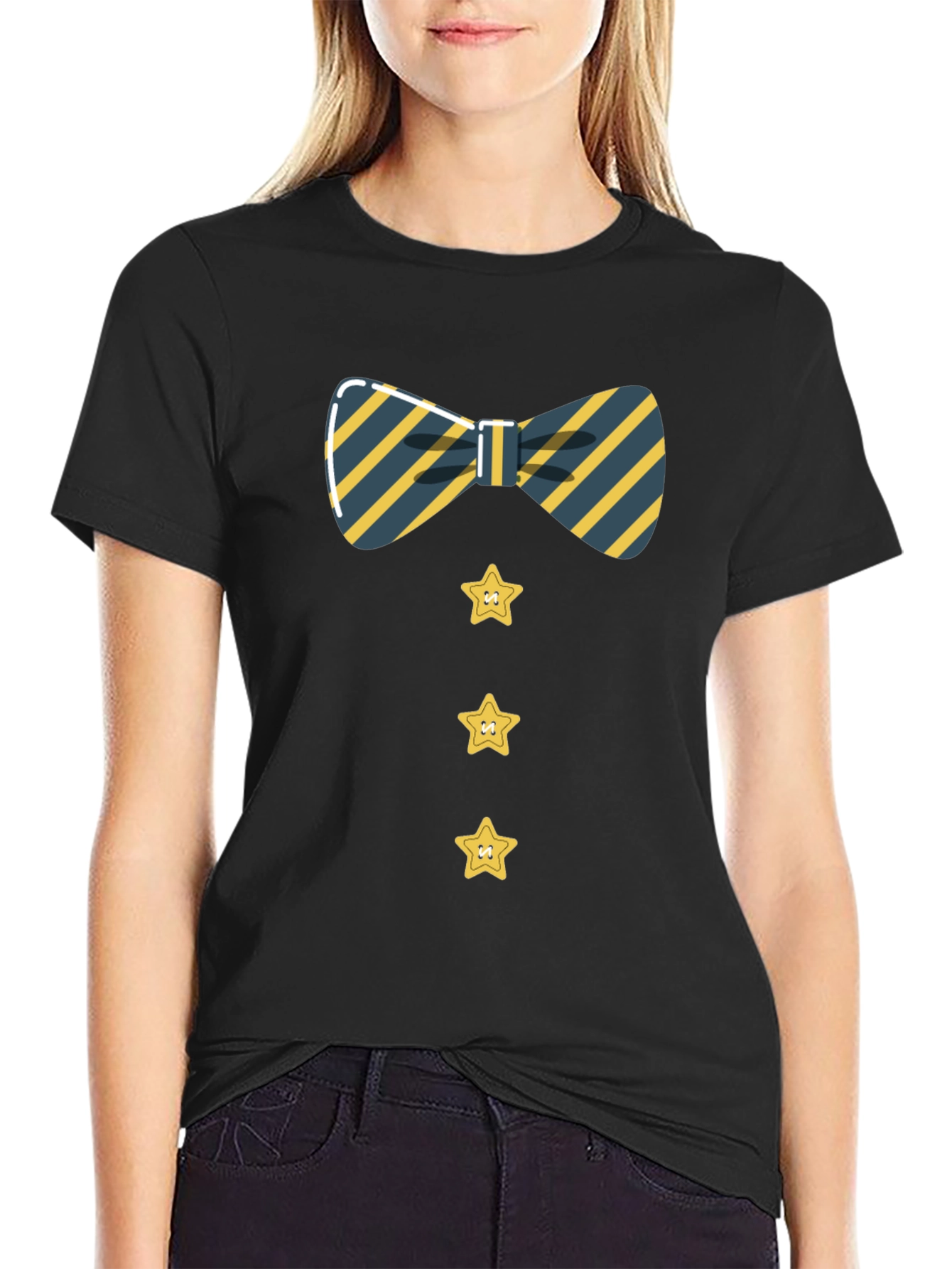 Black Striped Bowtie and Star Button Tee view 2