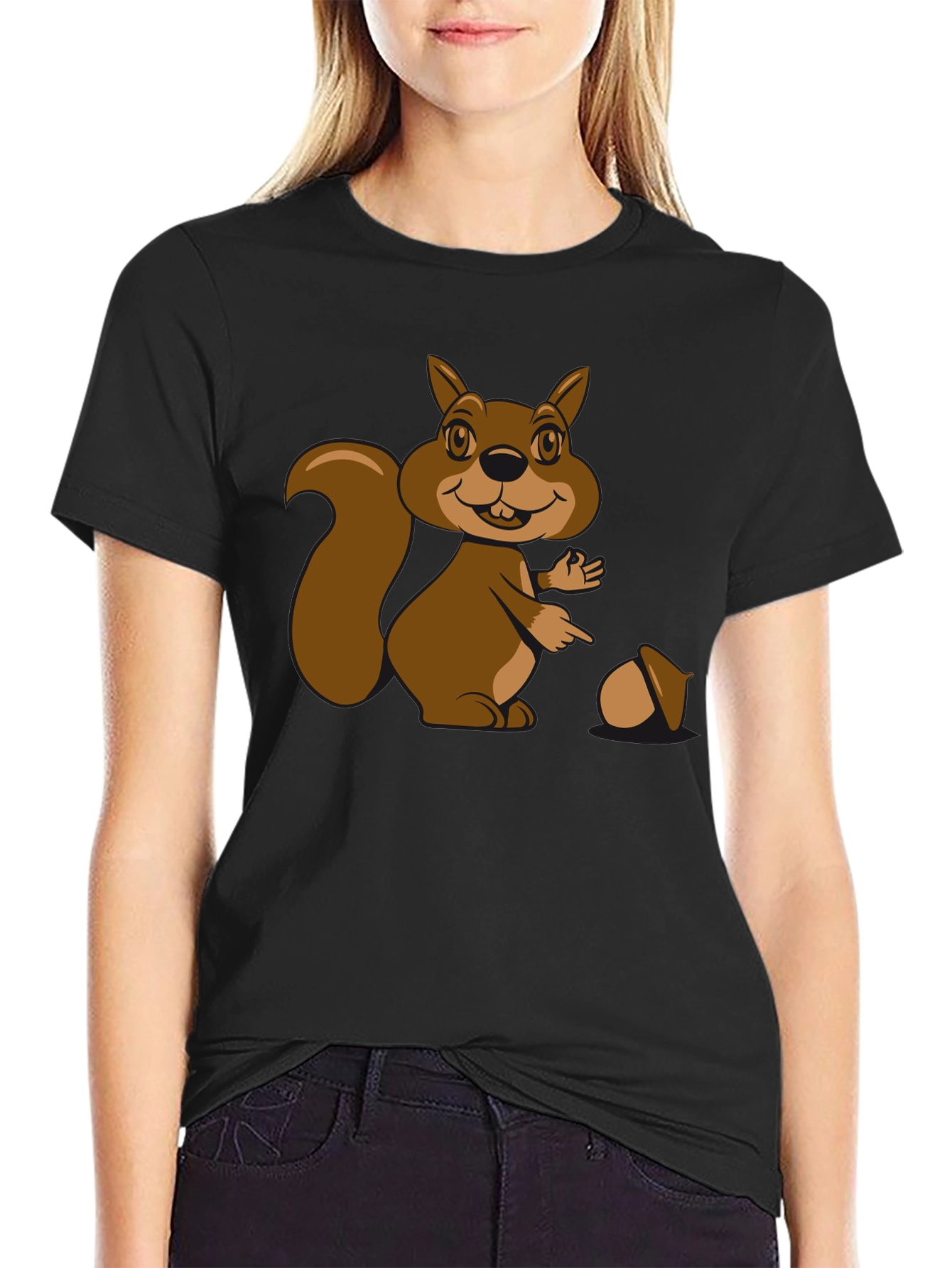 Black Cartoon Squirrel Graphic T-Shirt - Black Cotton Tee view 2