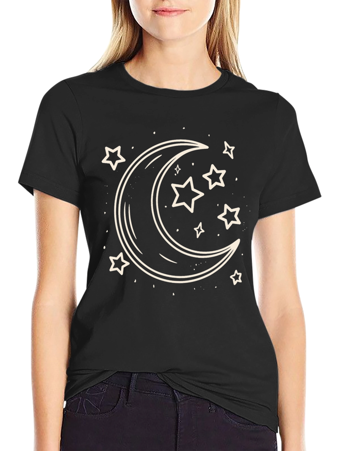 Black Celestial Moon & Stars Graphic Tee - Black Cotton Comfort view 2