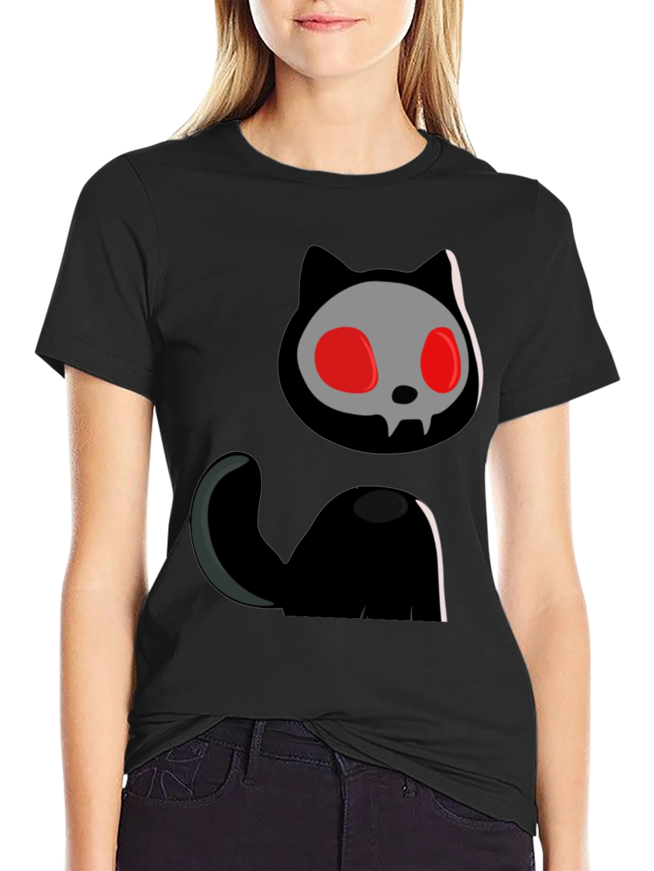 Black Skull Cat Graphic Tee - Black Cotton T-Shirt view 2