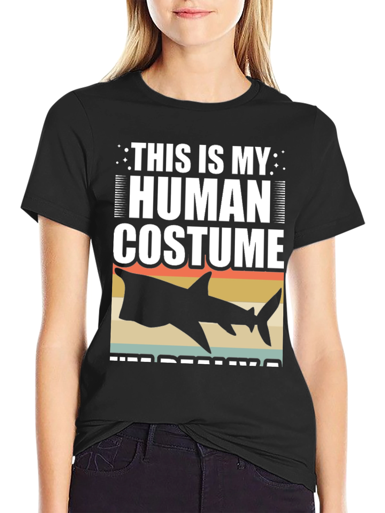 Black Human Costume Shark T-Shirt Funny Halloween Tee view 2
