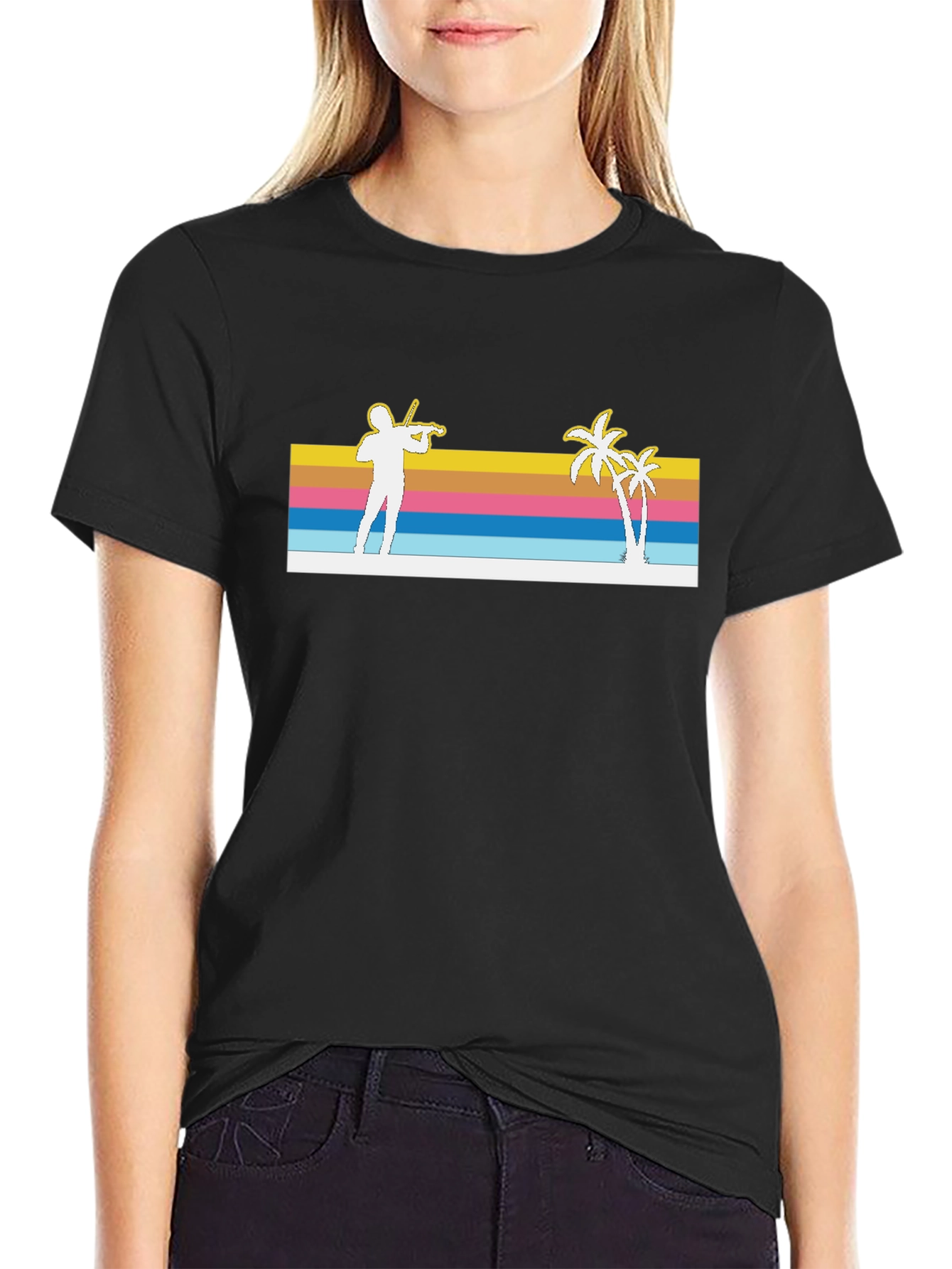 Black Retro Violinist & Palm Trees Black T-Shirt view 2