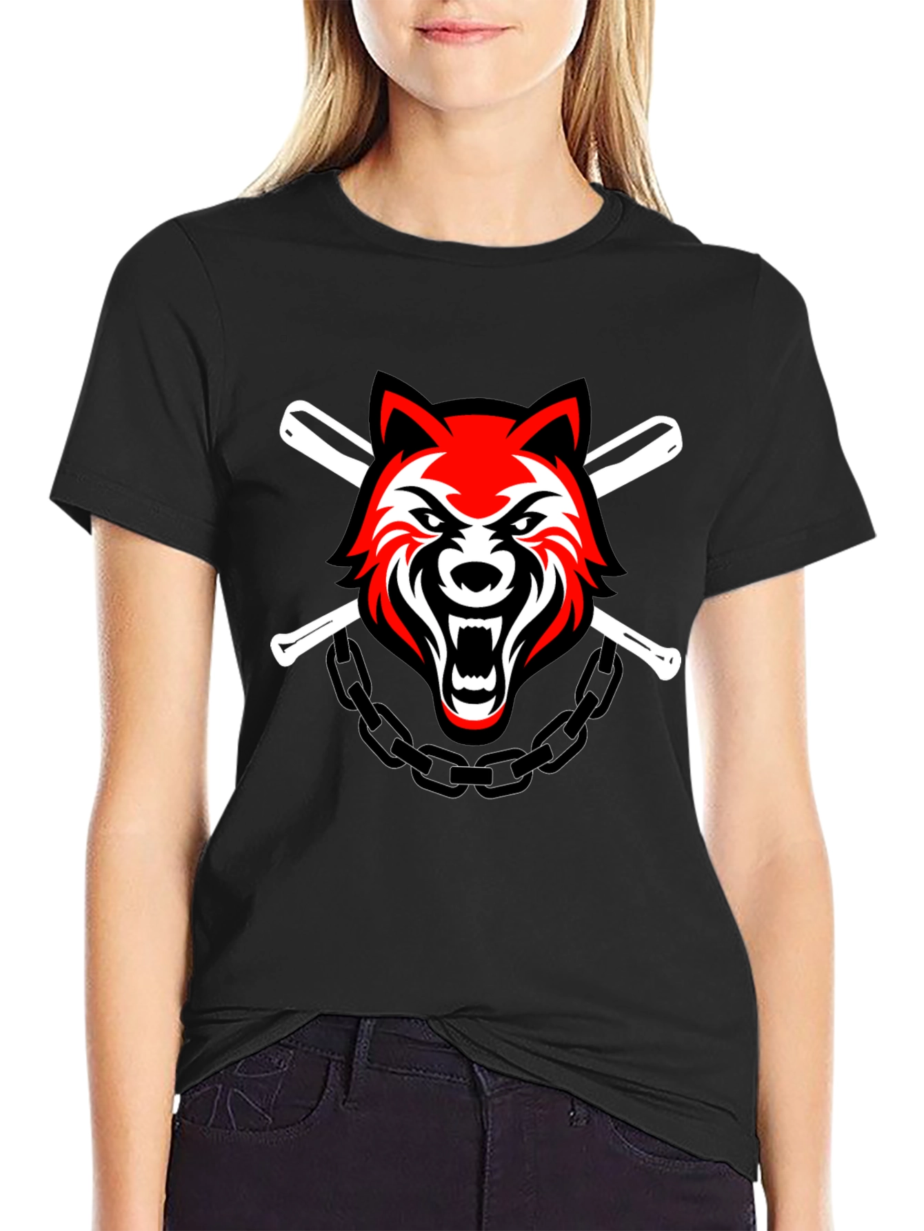 Black Wolf & Baseball Bats Graphic T-Shirt view 2