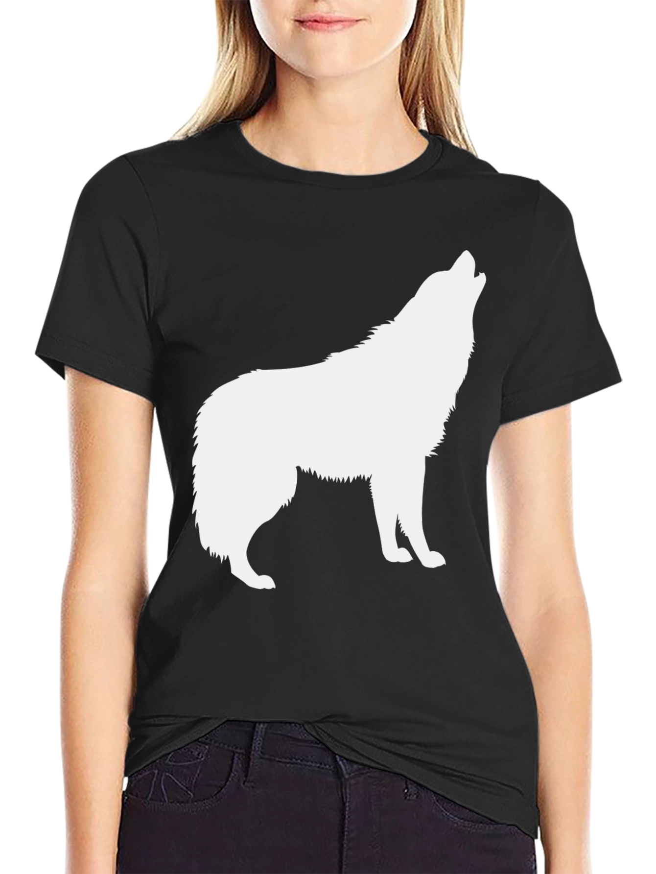Black Men's Black T-Shirt with White Wolf Graphic view 2
