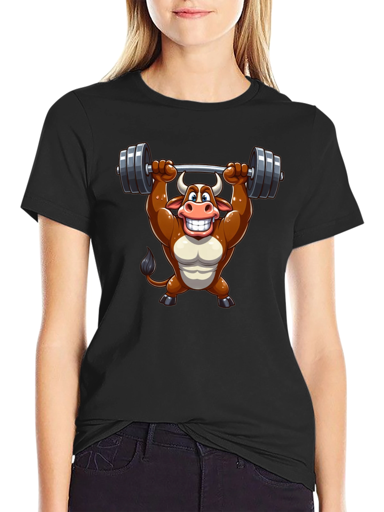 Black Funny Bull Lifting Weights T-Shirt view 2