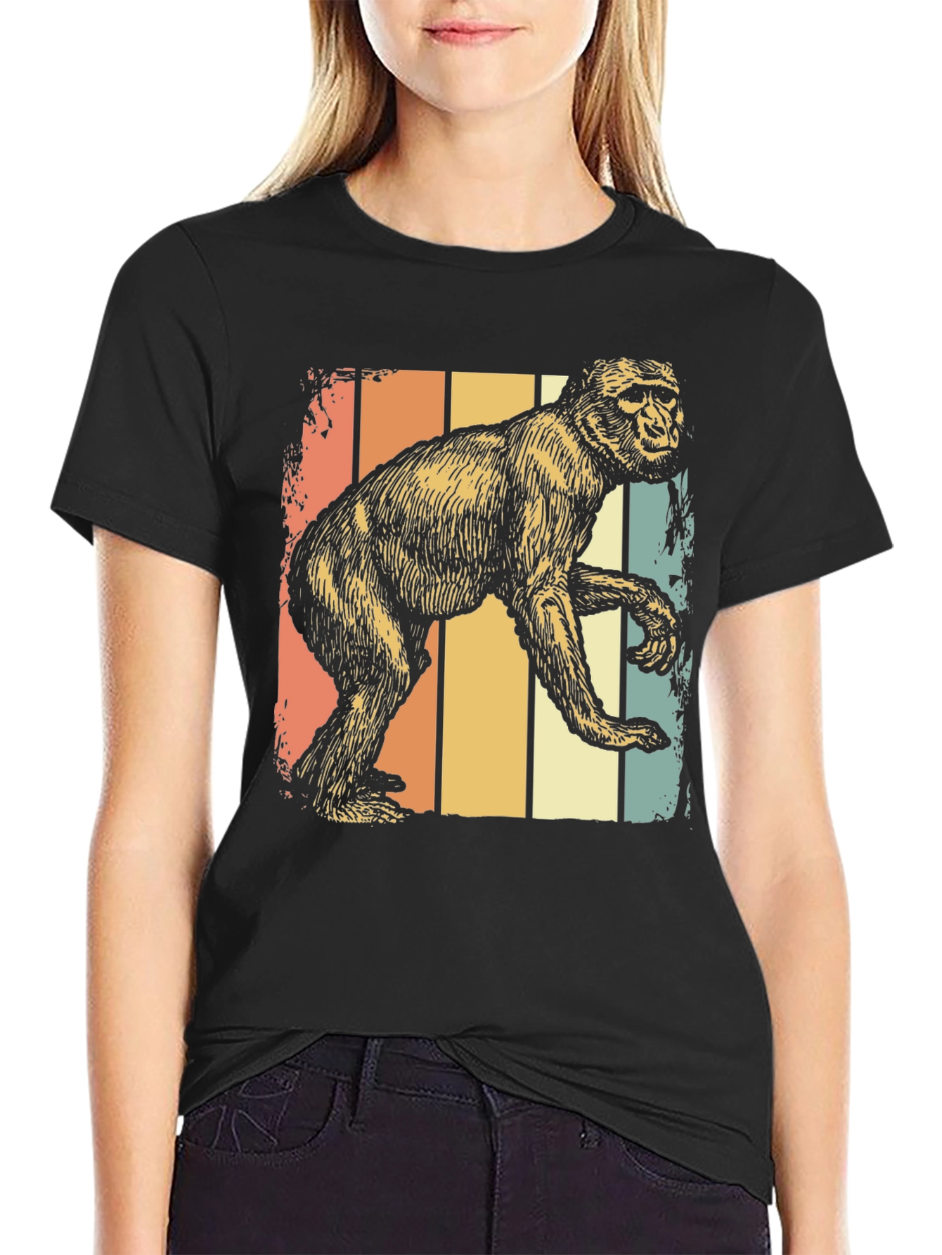 Black Retro Monkey Graphic Tee - Vintage Style Comfort view 2