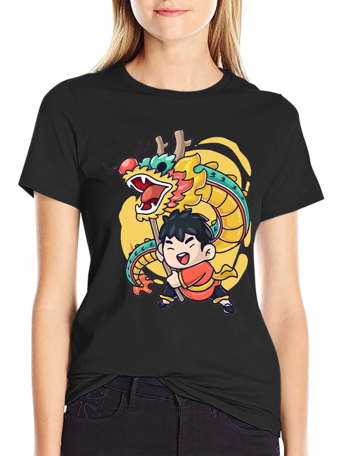 Black Dragon Dance Graphic Tee - Black Cotton Blend view 2