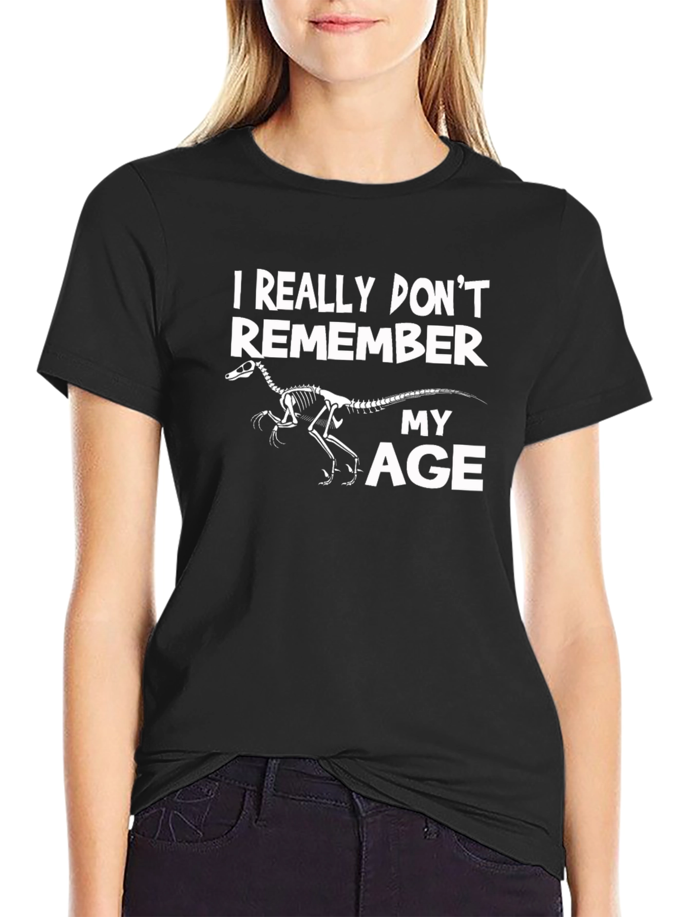Black Dinosaur Skeleton 'I Don't Remember My Age' Black T-Shirt view 2