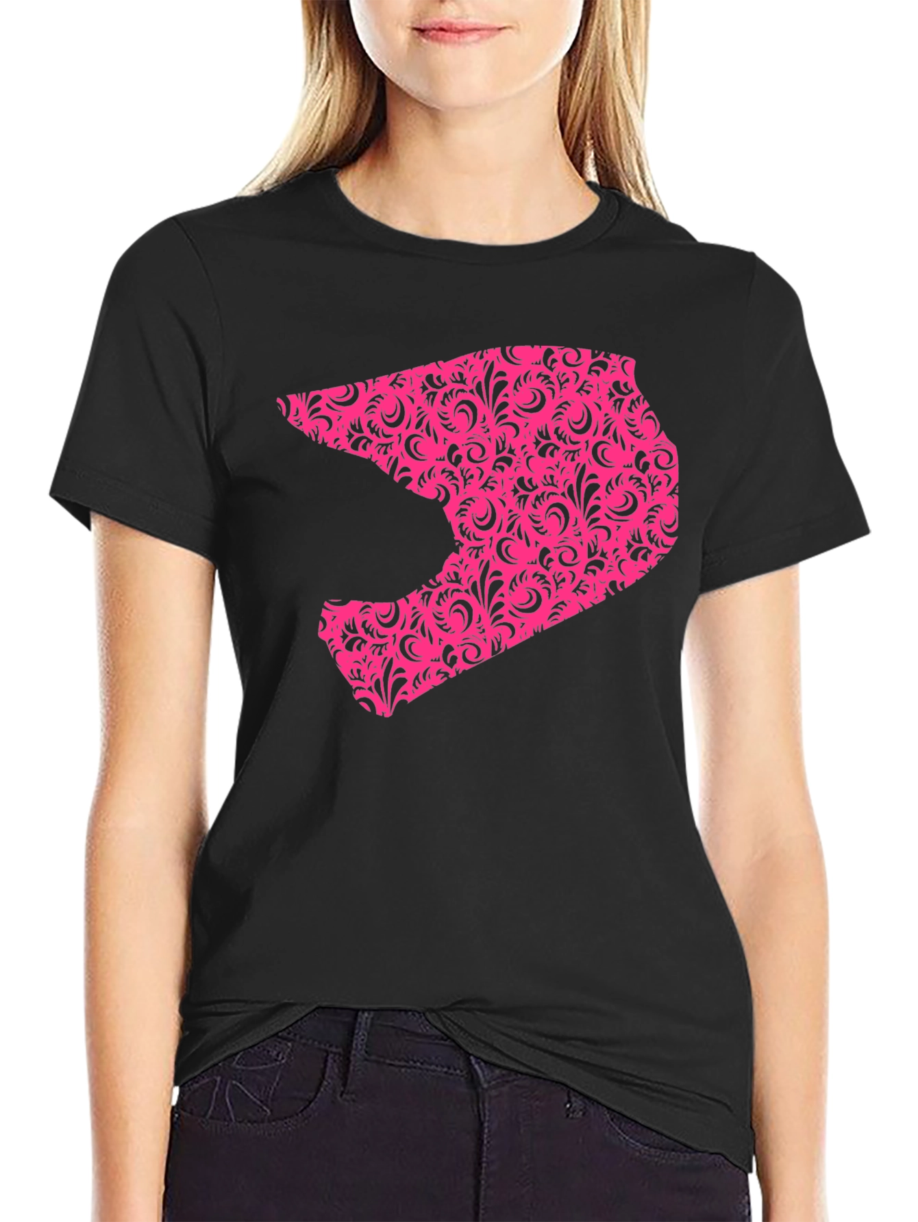 Black Men's Black T-shirt with Pink Helmet Design view 2