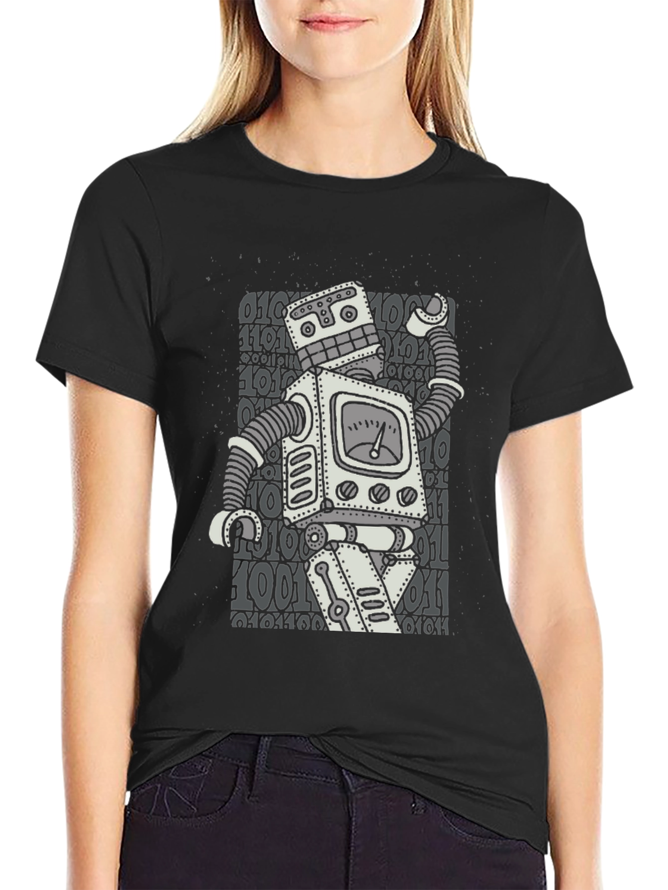 Black Retro Robot Graphic T-Shirt - Black Cotton Blend view 2