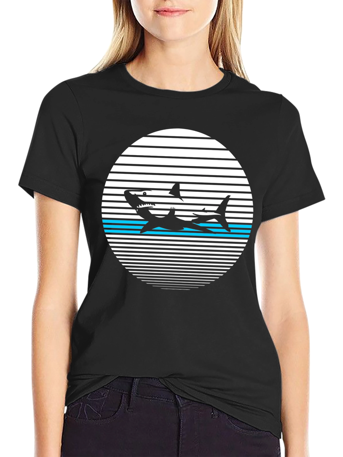 Black Retro Shark Graphic Tee - Black Cotton T-Shirt view 2