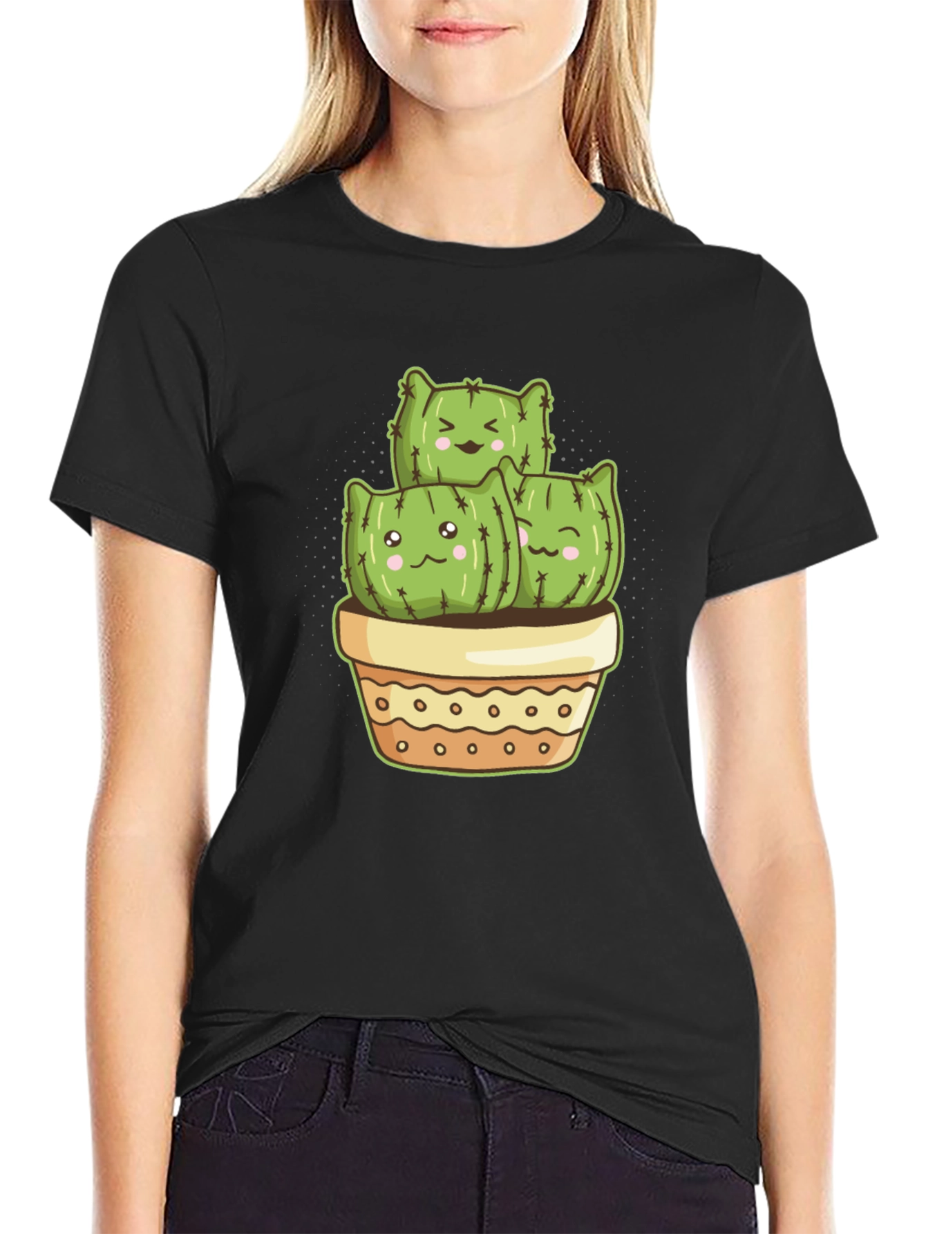 Black Cute Cactus Crew T-Shirt view 2