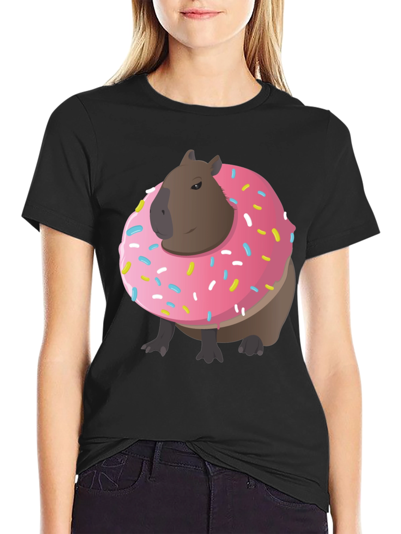 Black Capybara Donut T-Shirt - Funny Graphic Tee view 2