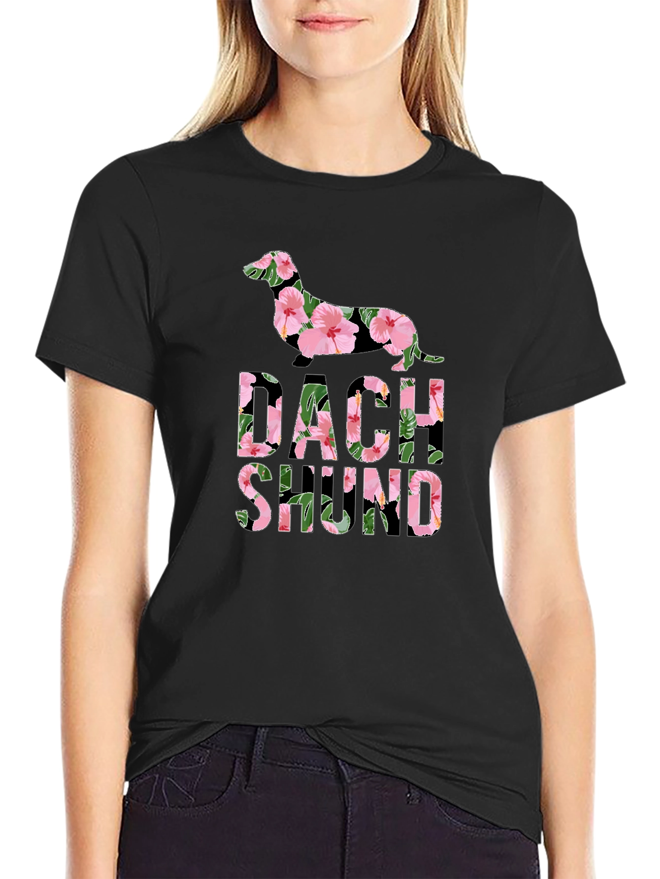Black Floral Dachshund T-Shirt - Unique Dog Lover Gift view 2