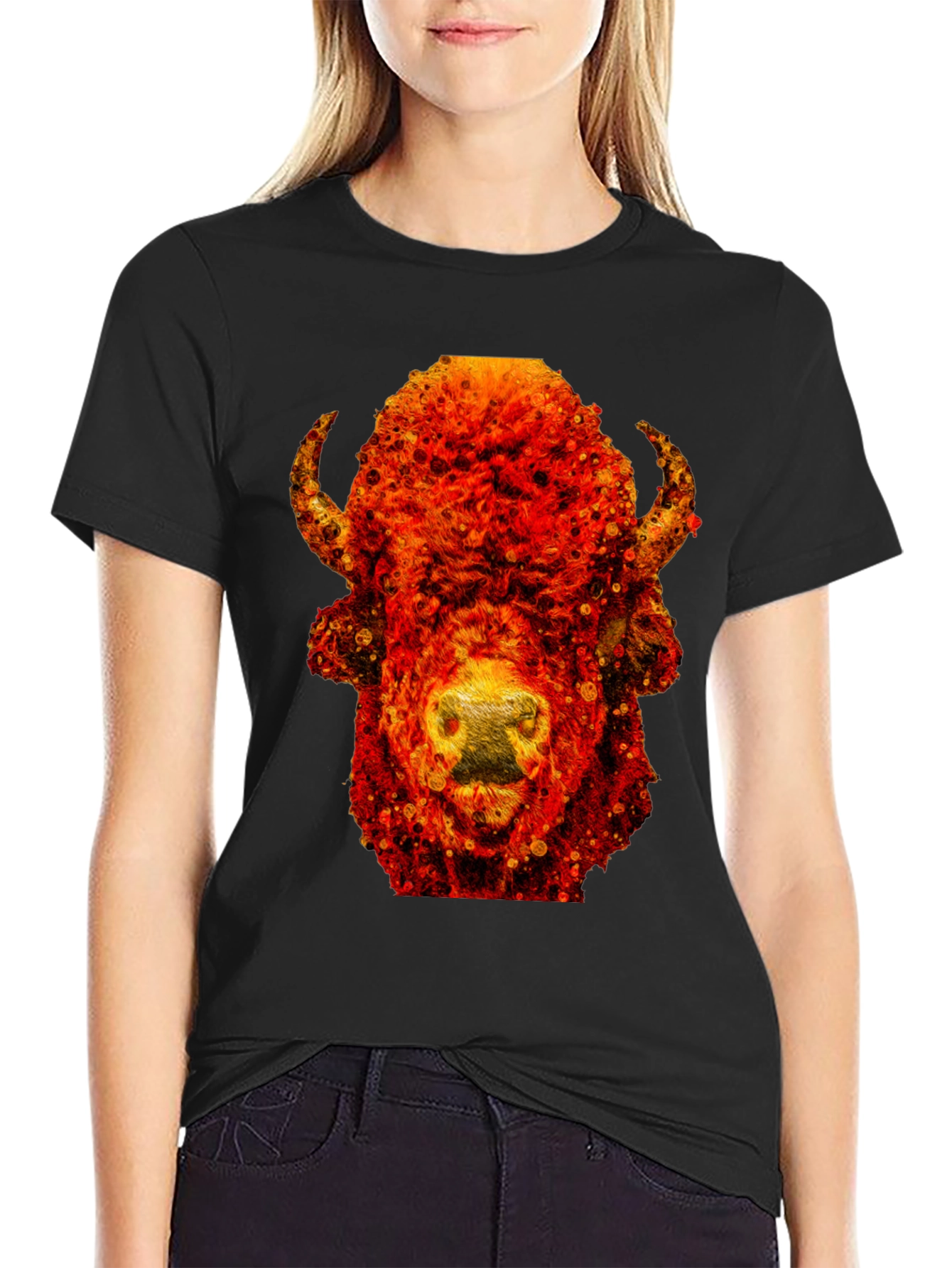 Black Fiery Bison Graphic Tee - Cool Animal Print T-Shirt view 2