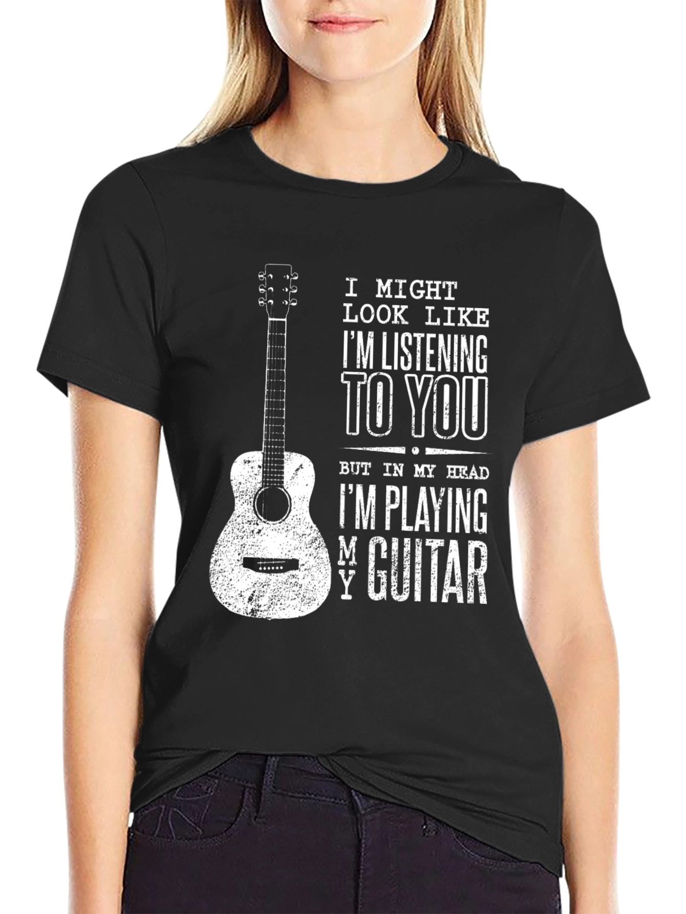 Black Guitar Player T-Shirt: I'm Playing My Guitar view 2