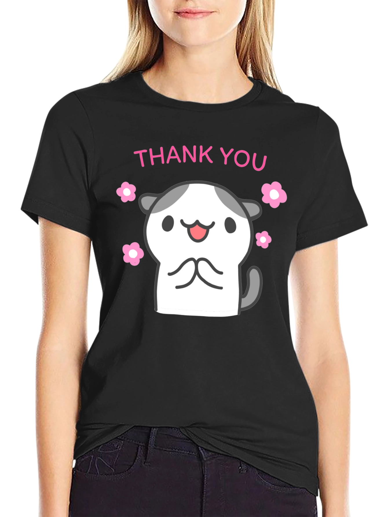 Black Cute Thank You Kitty Black T-Shirt view 2