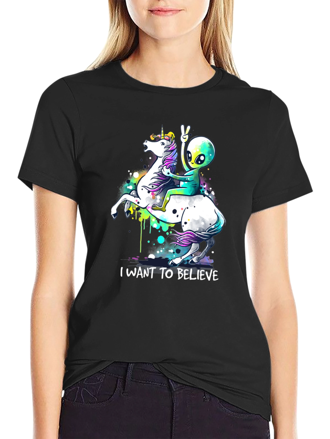 Black Alien Riding Unicorn T-Shirt - I Want To Believe view 2