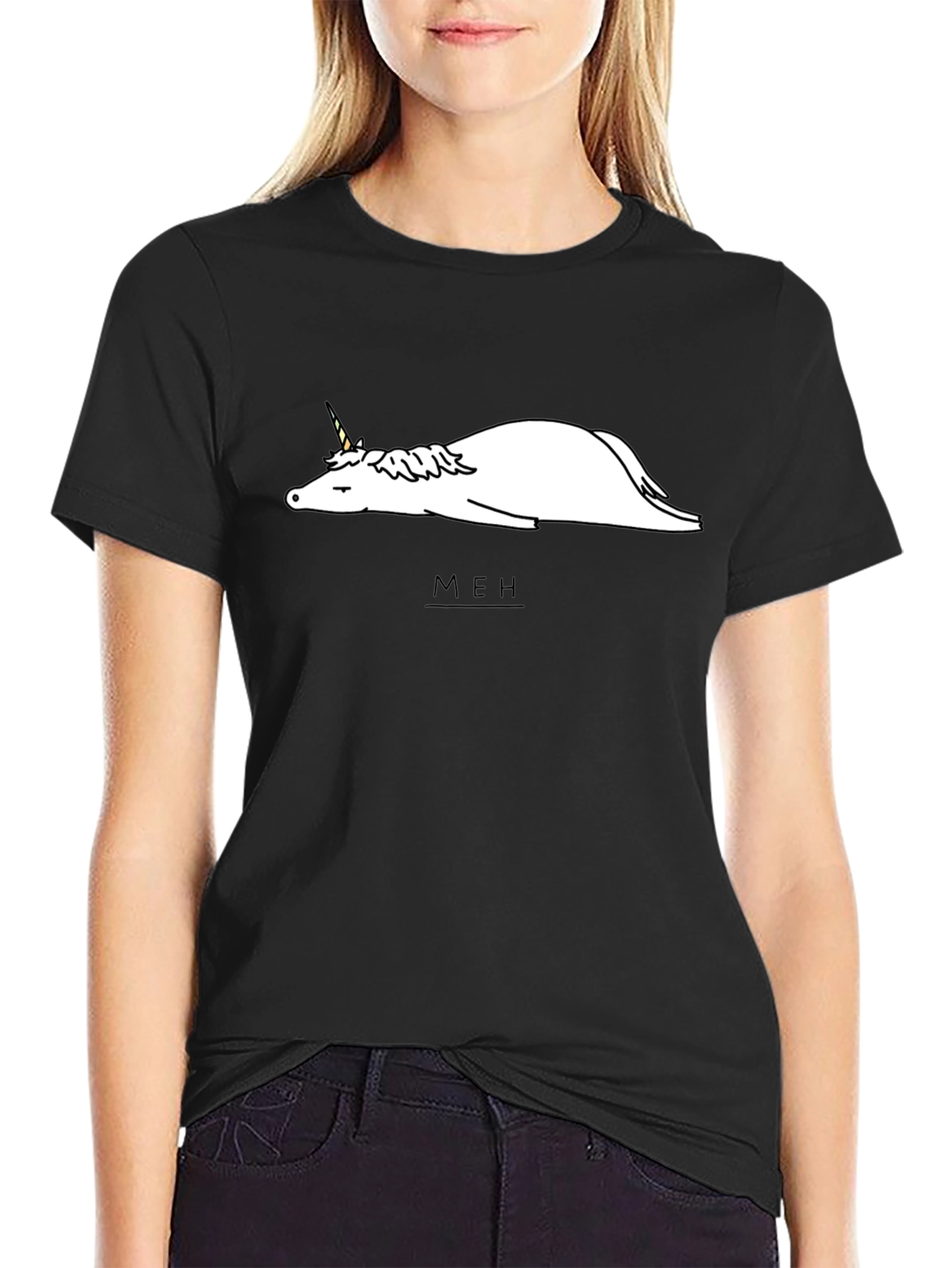 Black Unicorn 'Meh' Graphic Tee - Relaxed Fit, Black Cotton view 2