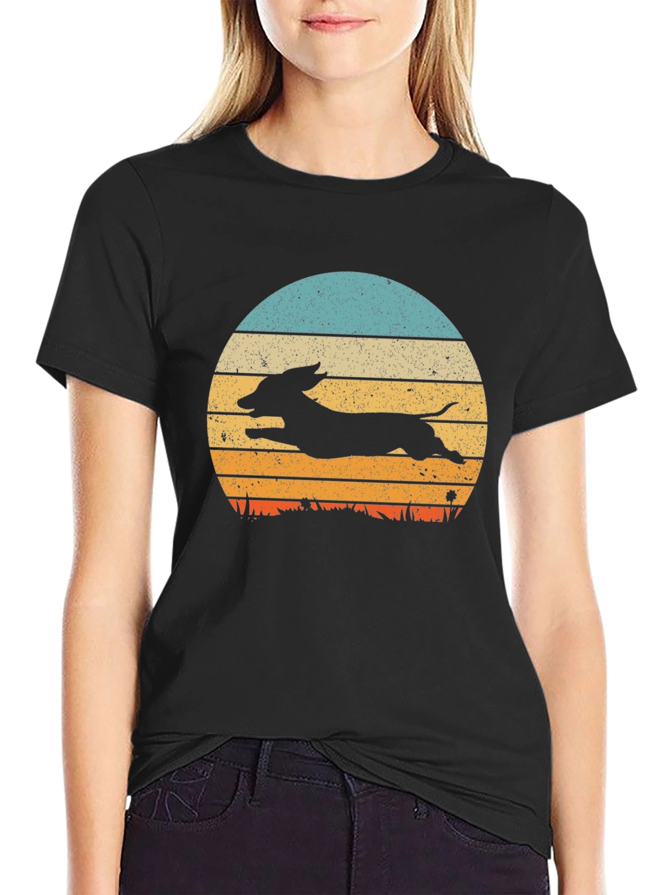 Black Dachshund Sunset Graphic Tee - Black Cotton Blend view 2