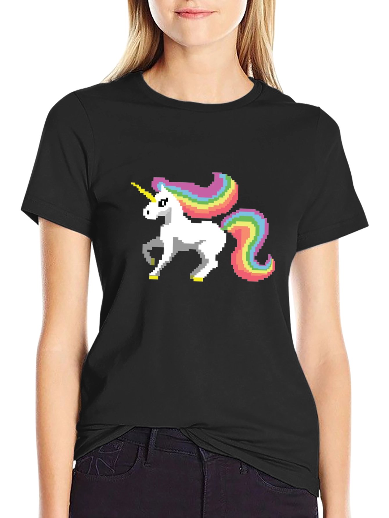 Black Pixel Unicorn Graphic Tee - Black Cotton Shirt view 2