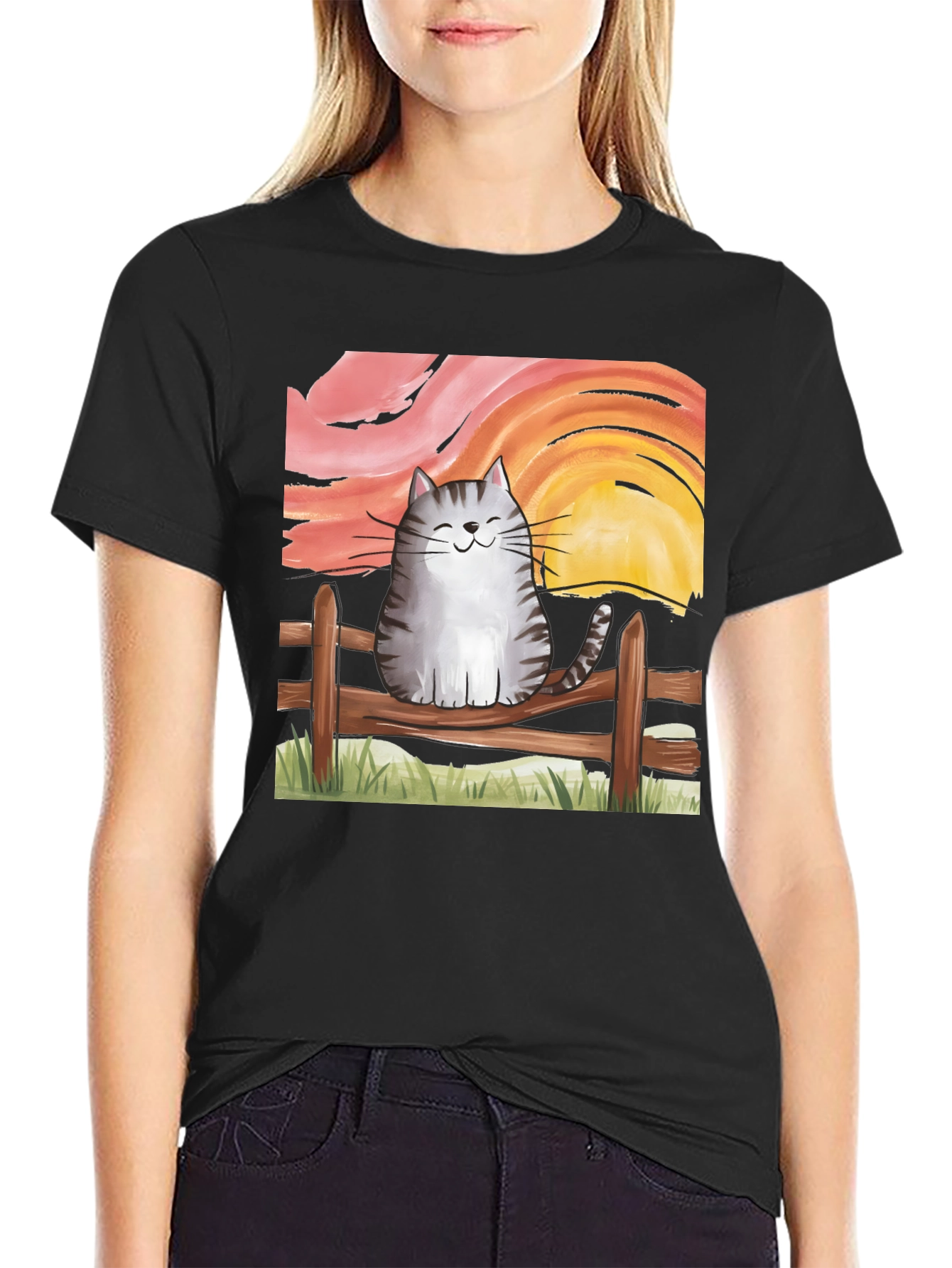 Black Cat on Fence Sunset Graphic Tee view 2