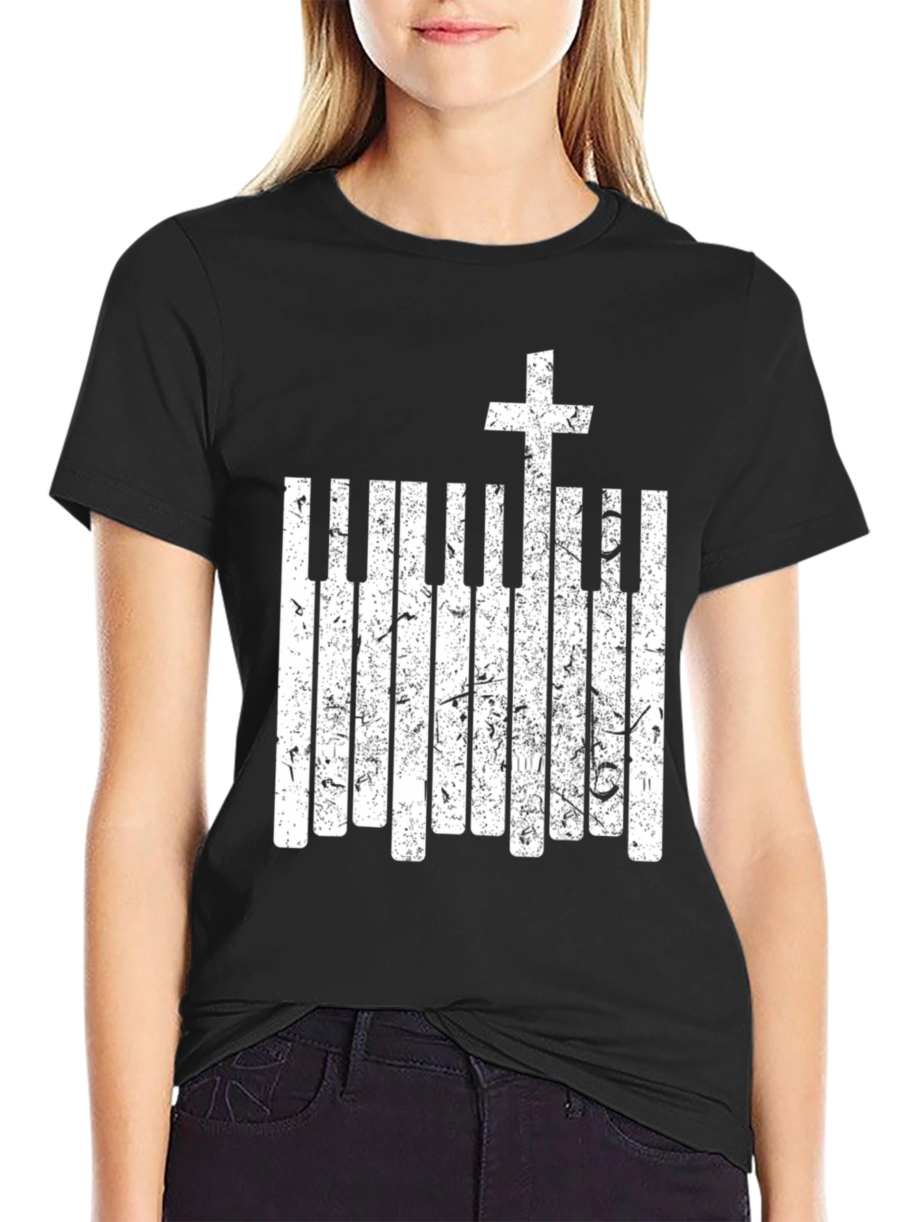 Black Piano Keys Cross Graphic Black T-Shirt view 2