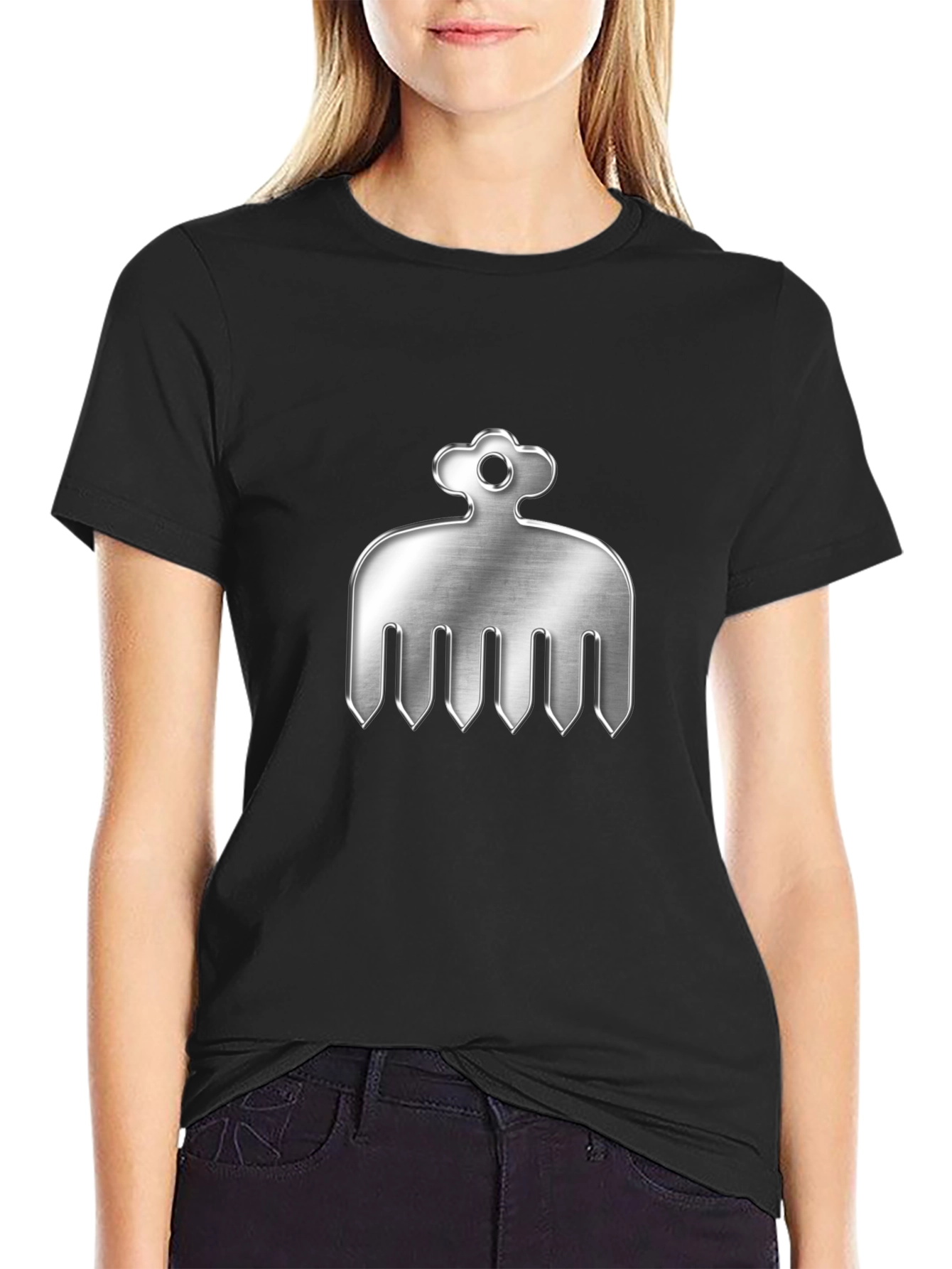 Black Mens Black T-Shirt with Silver Comb Design view 2