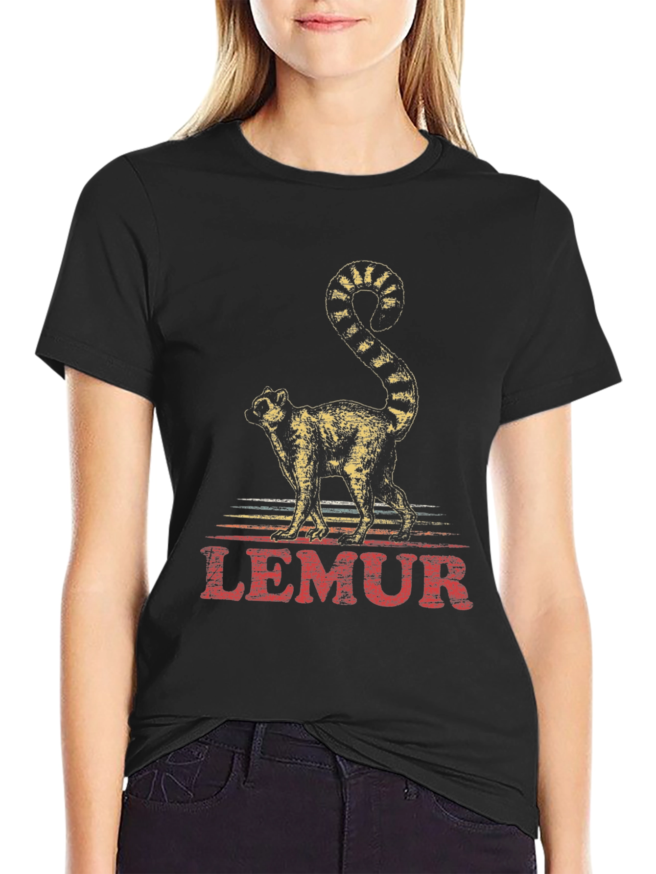Black Lemur Graphic Print Crew Neck T-Shirt view 2