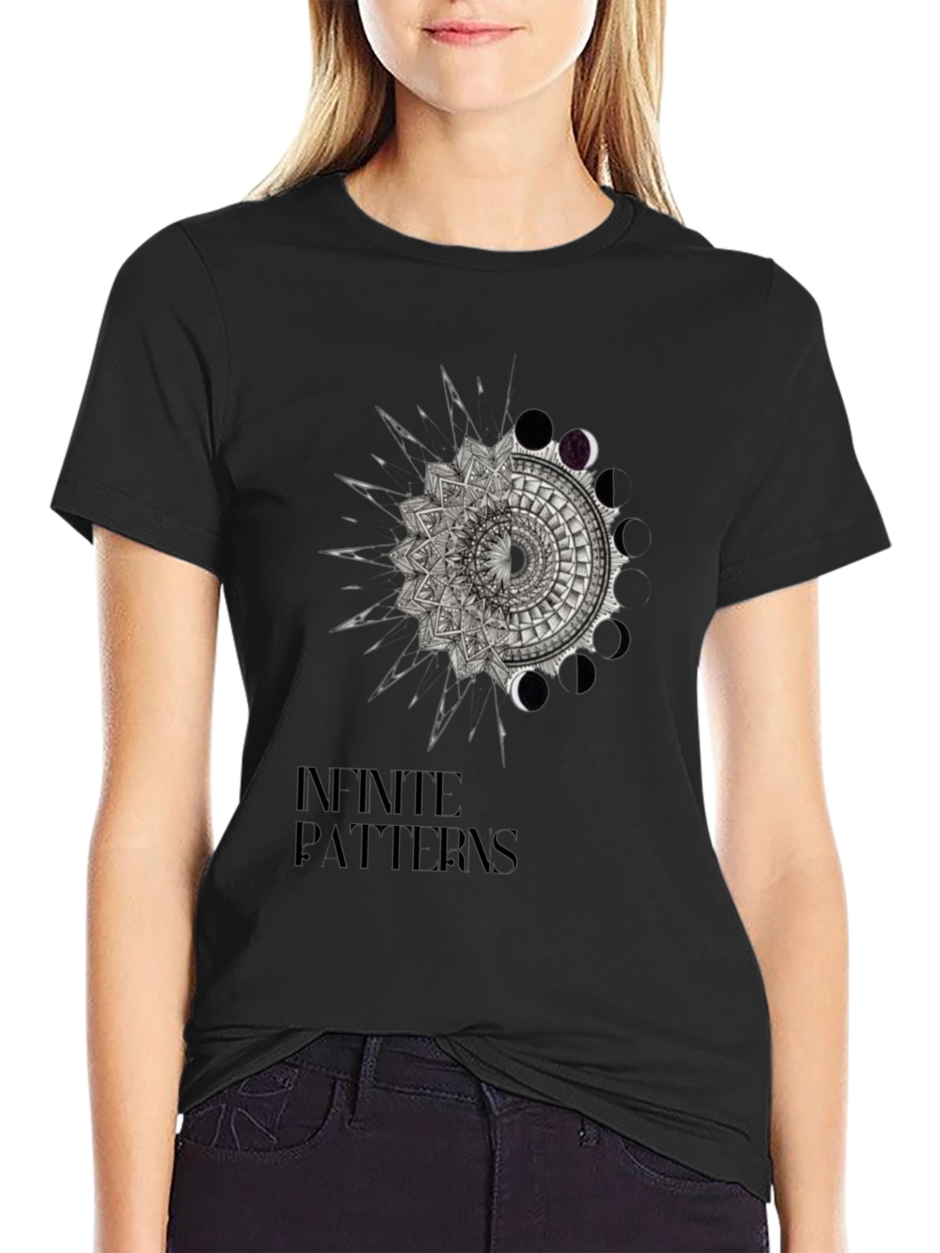 Black Infinite Patterns Graphic T-Shirt - Black Cotton Tee view 2