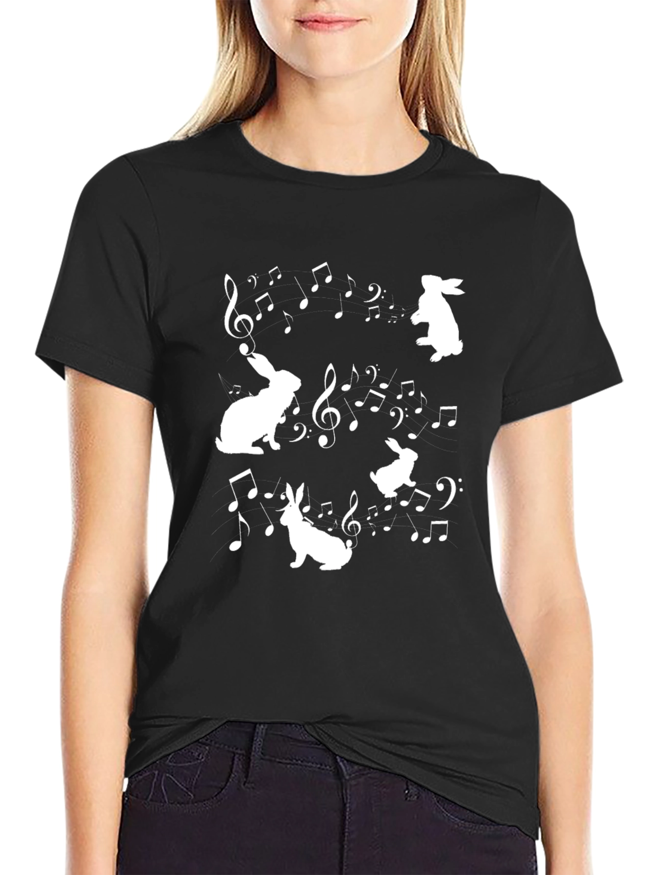 Black Musical Rabbits Graphic Tee - Black Cotton T-Shirt view 2