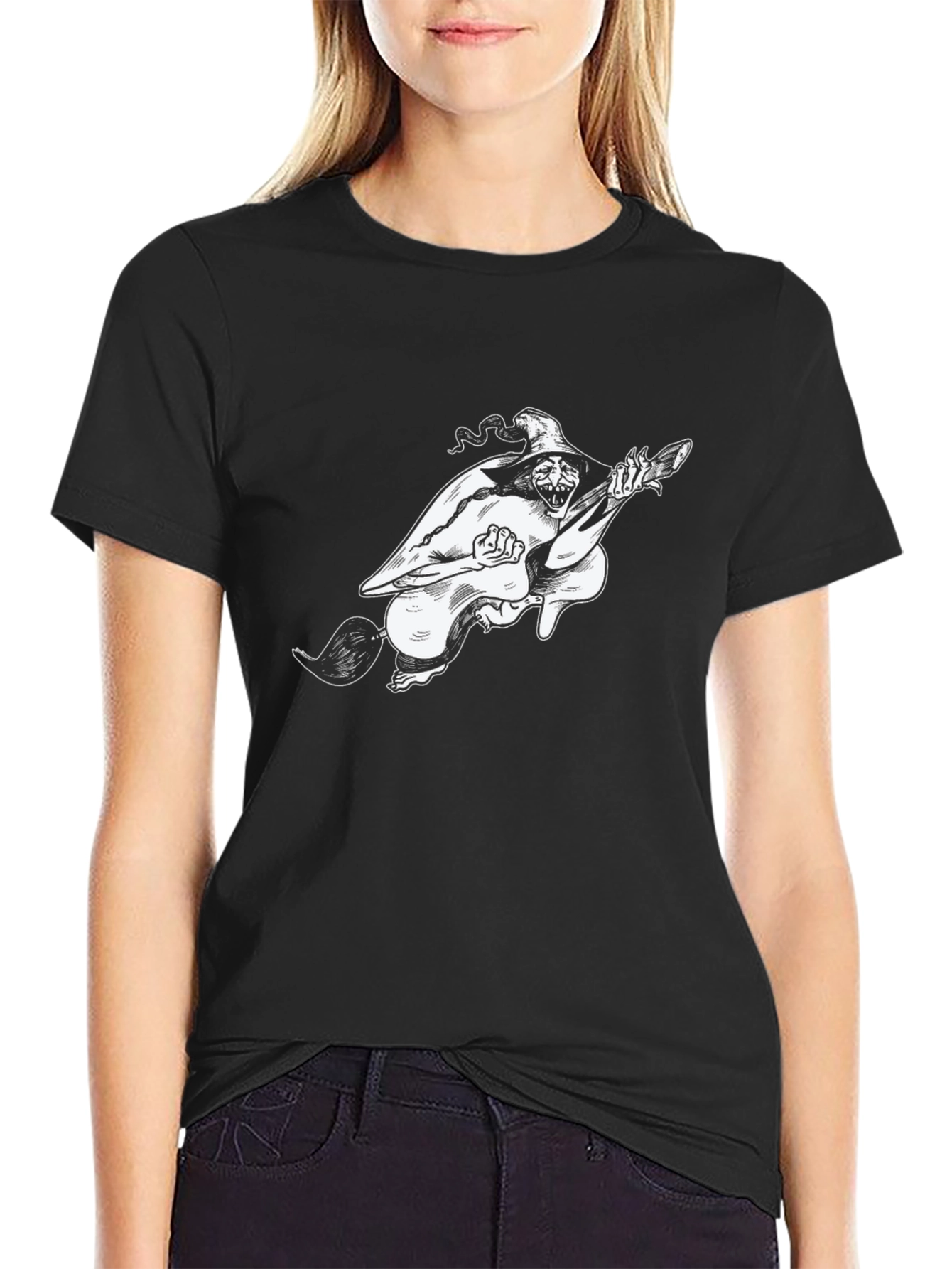 Black Witch on Broom Black T-Shirt view 2