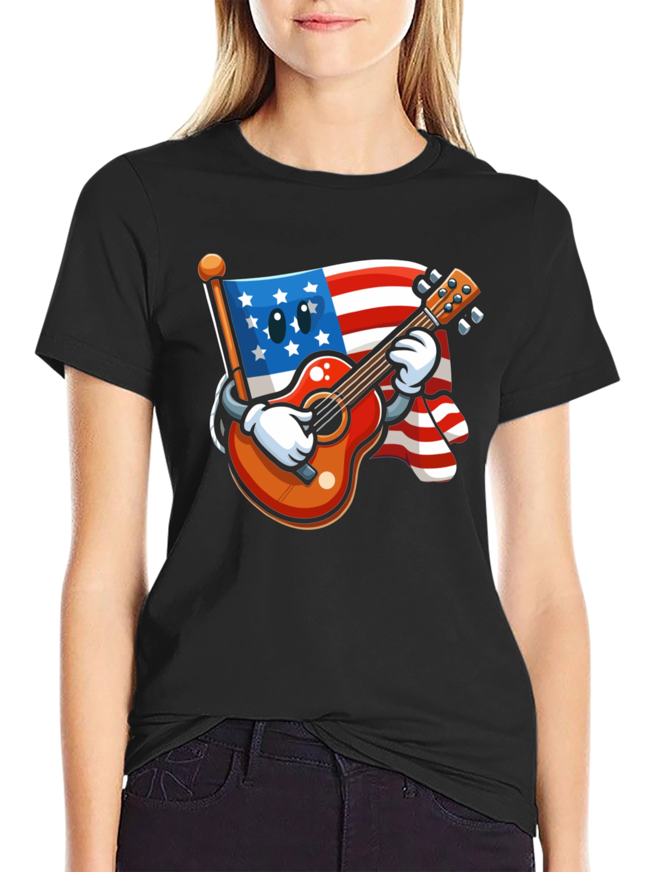 Black USA Flag Guitar T-Shirt - Patriotic Cartoon Design view 2