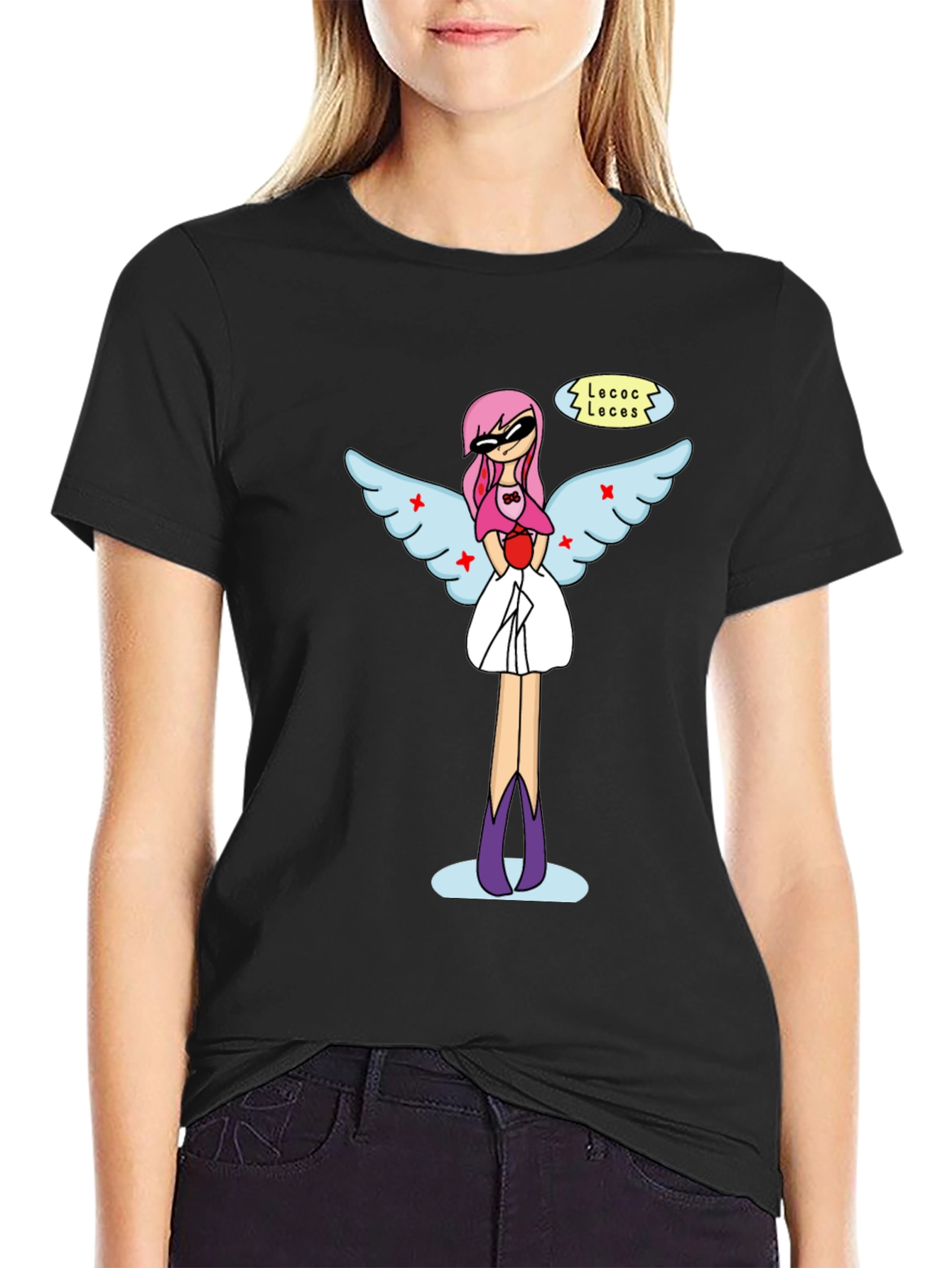 Black Whimsical Angel Graphic Tee - Black Cotton Blend view 2