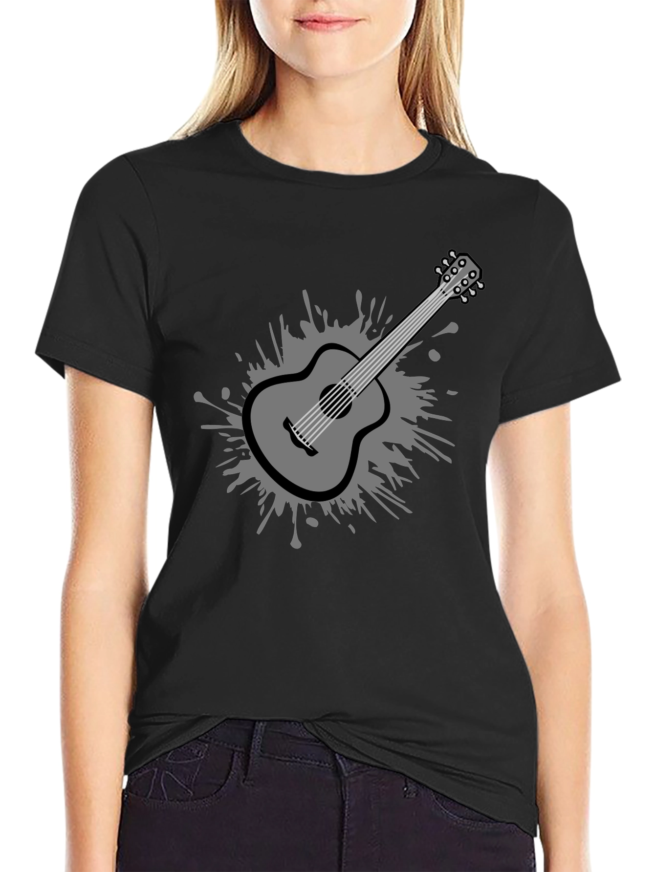 Black Stylish Guitar Graphic Tee - Black Cotton Blend view 2