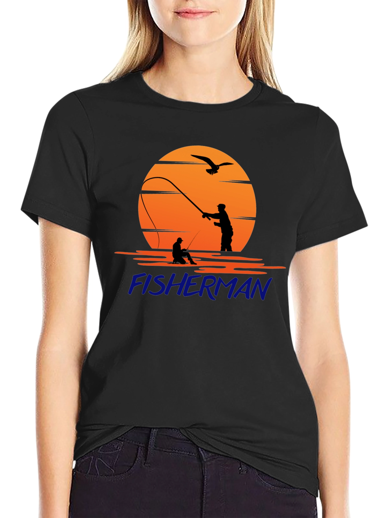 Black Fisherman Silhouette Graphic T-Shirt - Unisex Black Tee view 2