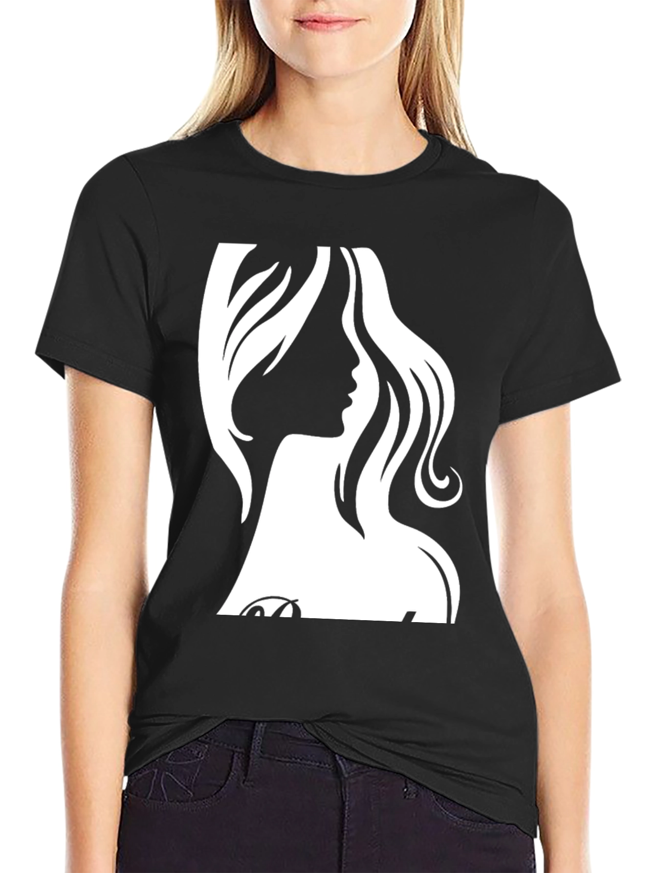Black Stylish Black T-Shirt with Elegant Woman Silhouette view 2