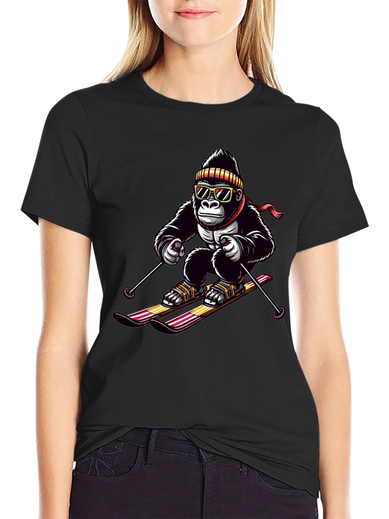 Black Gorilla Skiing Graphic Tee - Cool Novelty Design view 2