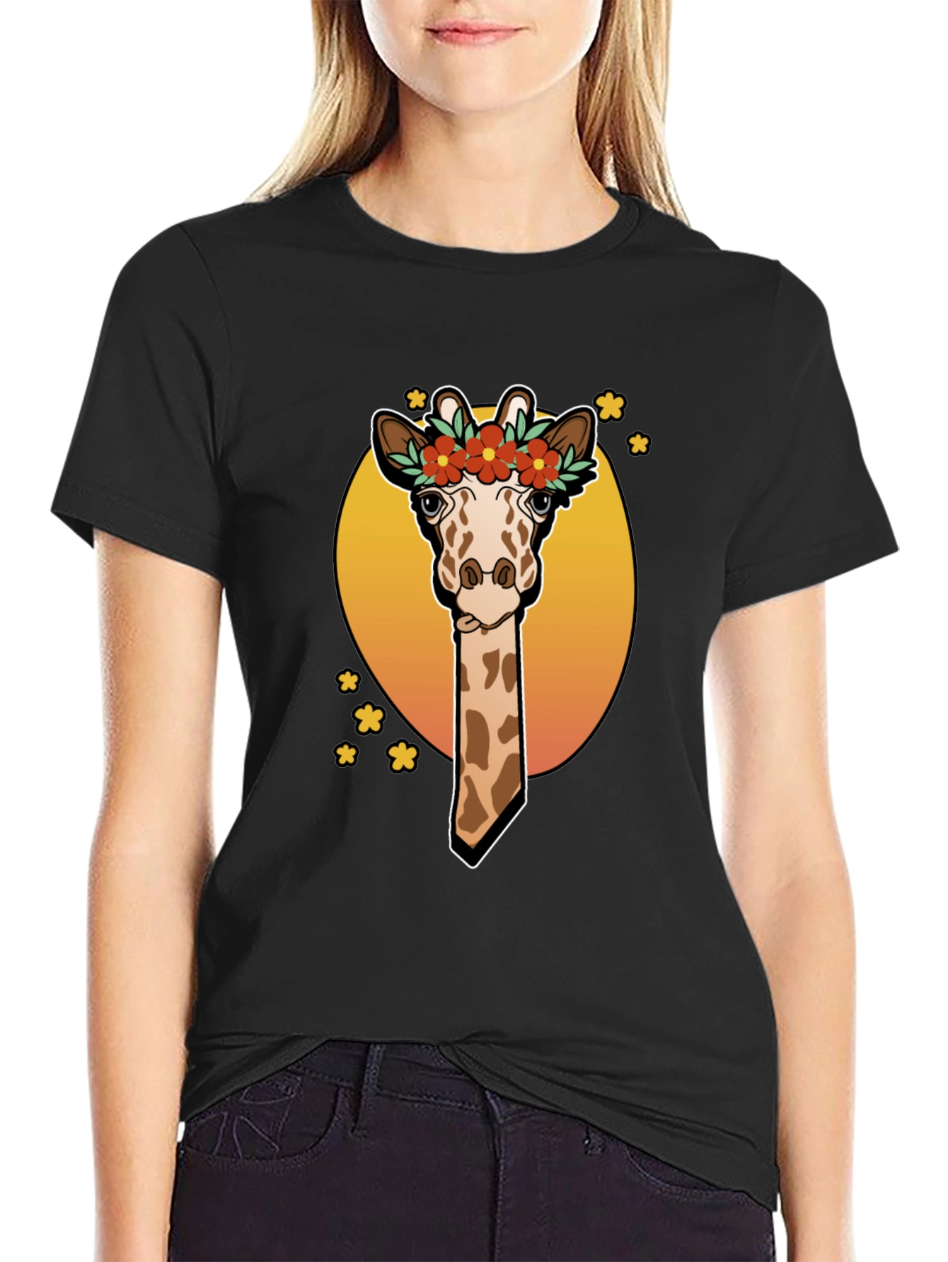 Black Giraffe Flower Crown Graphic Tee - Unique Animal T-Shirt view 2