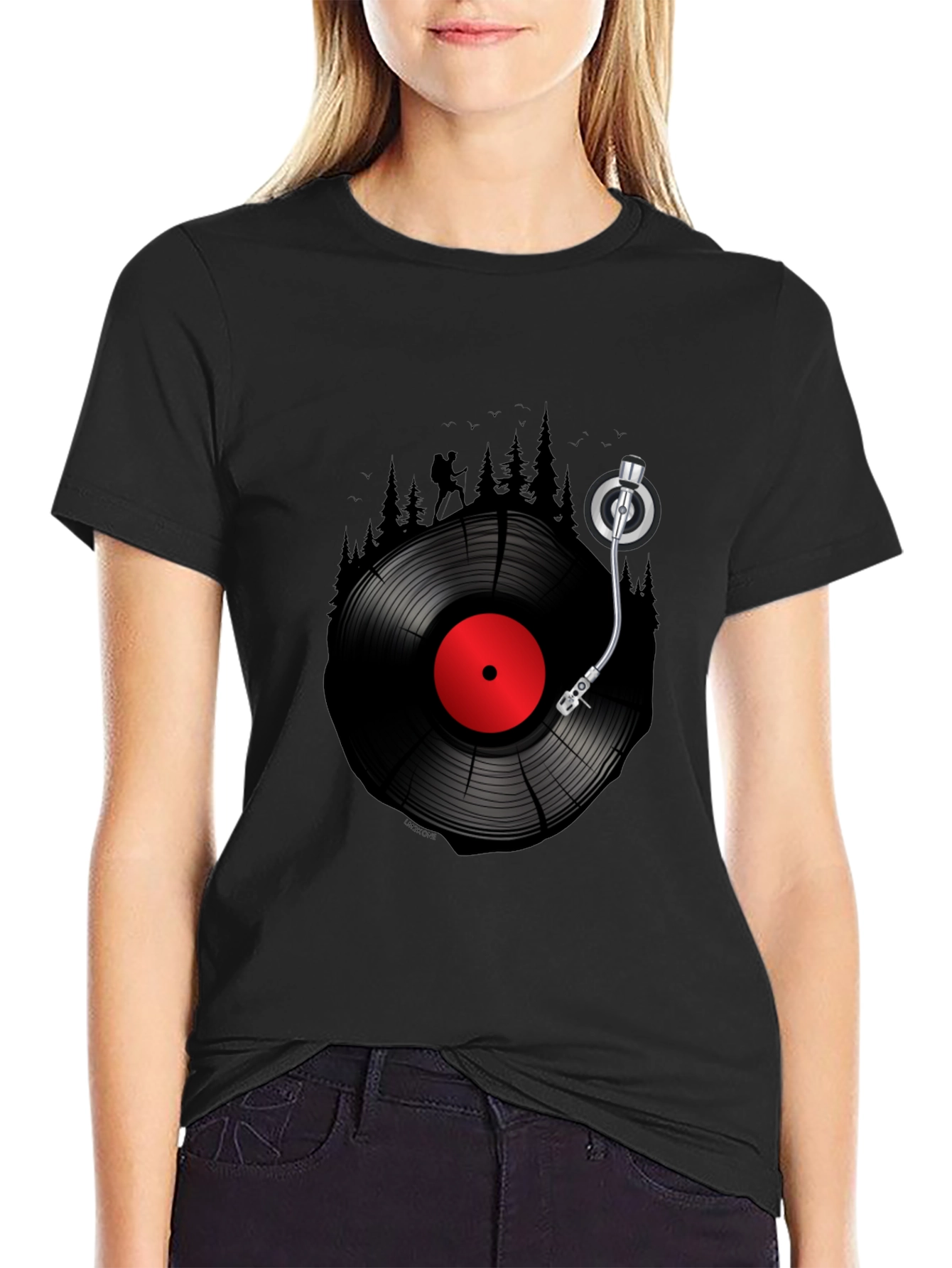 Black Hiking Vinyl Record T-Shirt - Music Lover Tee view 2