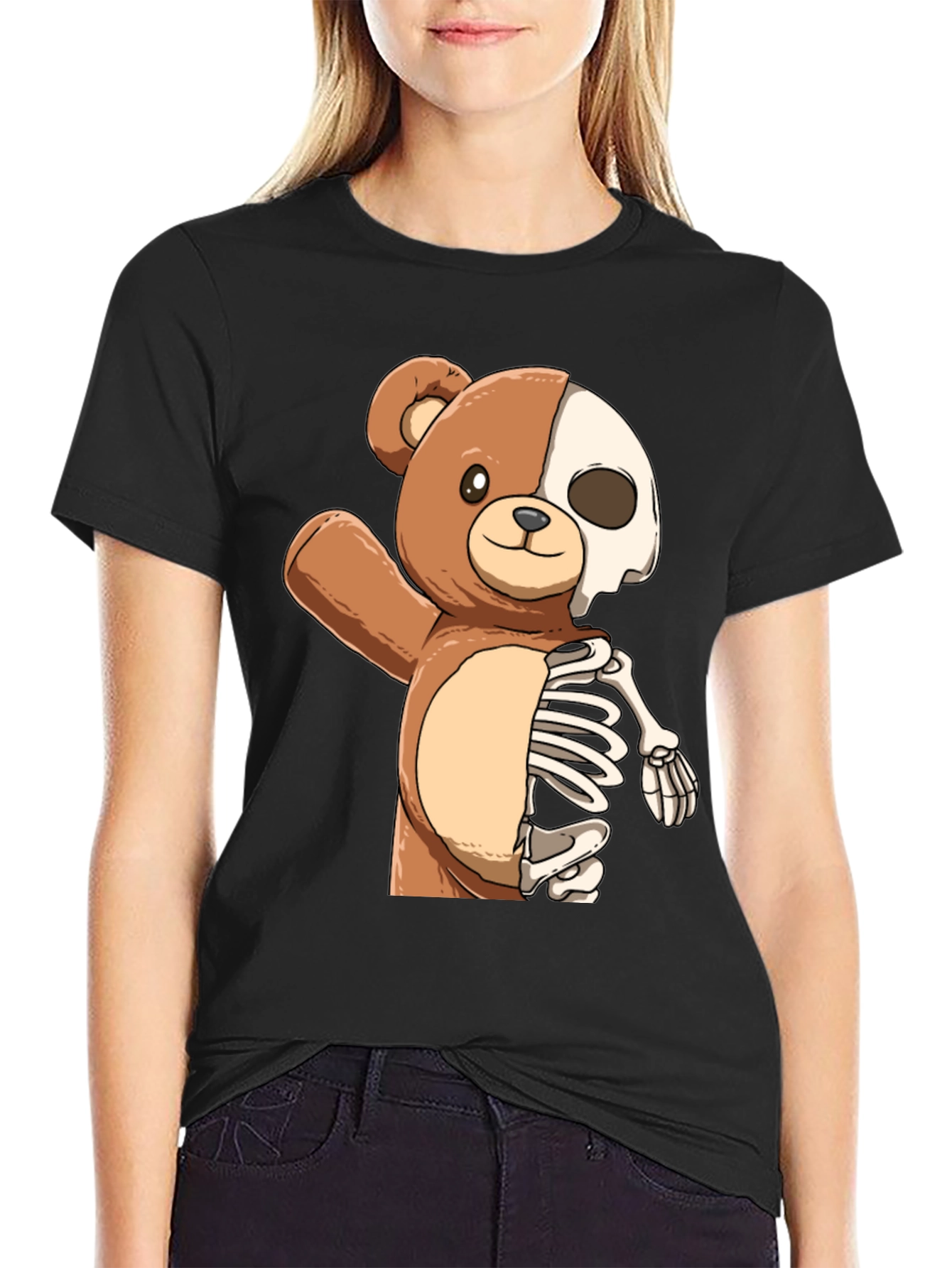 Black Teddy Bear Half Skeleton Graphic T-Shirt view 2