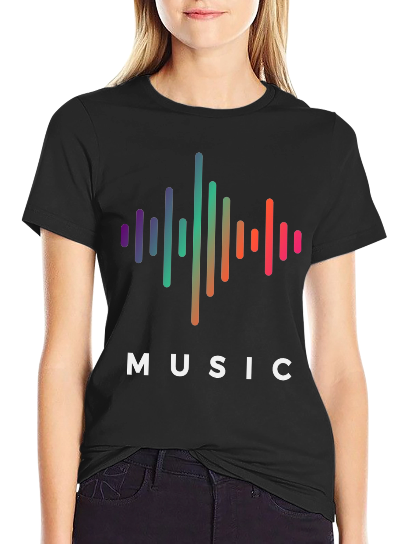 Black Music Wave Graphic Tee - Black Cotton T-Shirt view 2