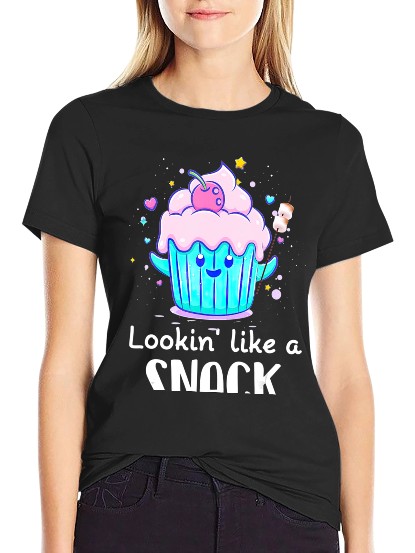 Black Lookin' Like A Snack T-Shirt - Cute Cupcake Design view 2